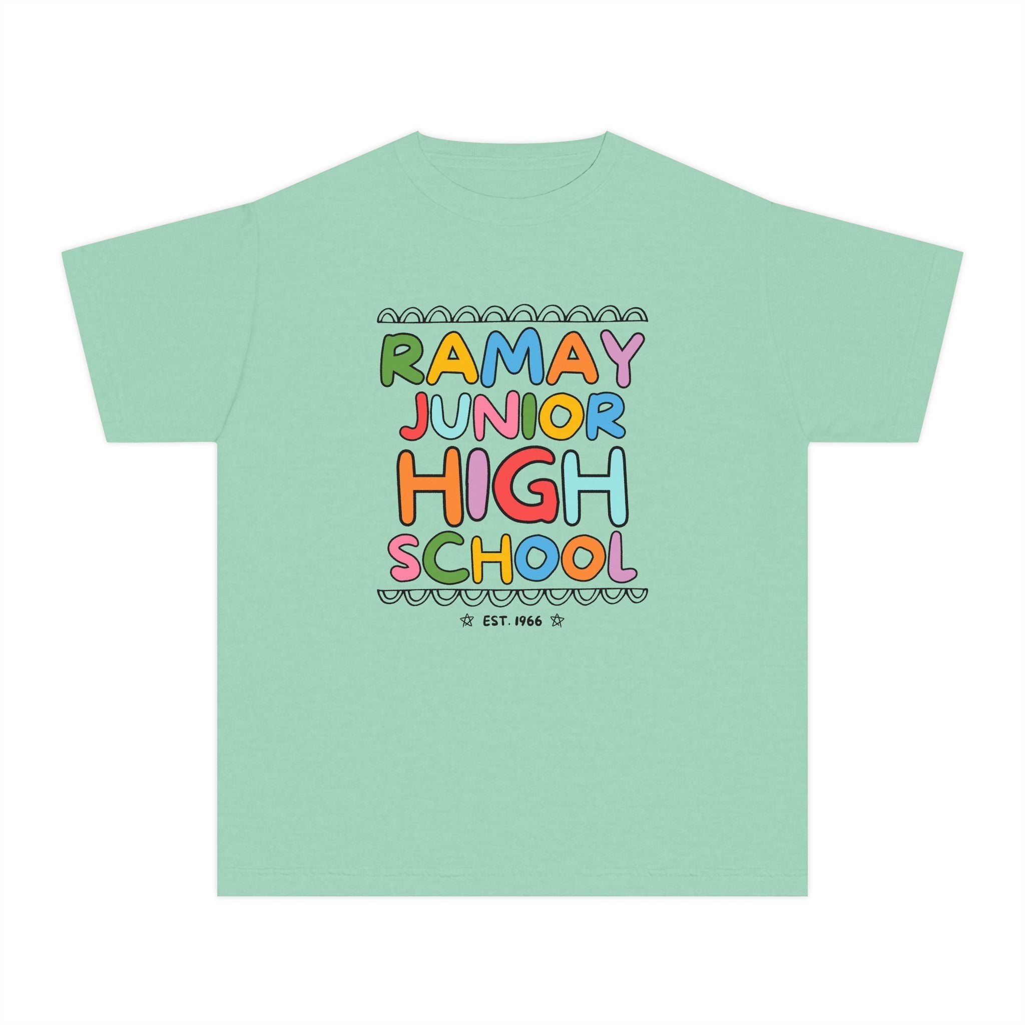 Ramay Junior High School Kids Tee Shirt: Rainbow Letters - Opal and June