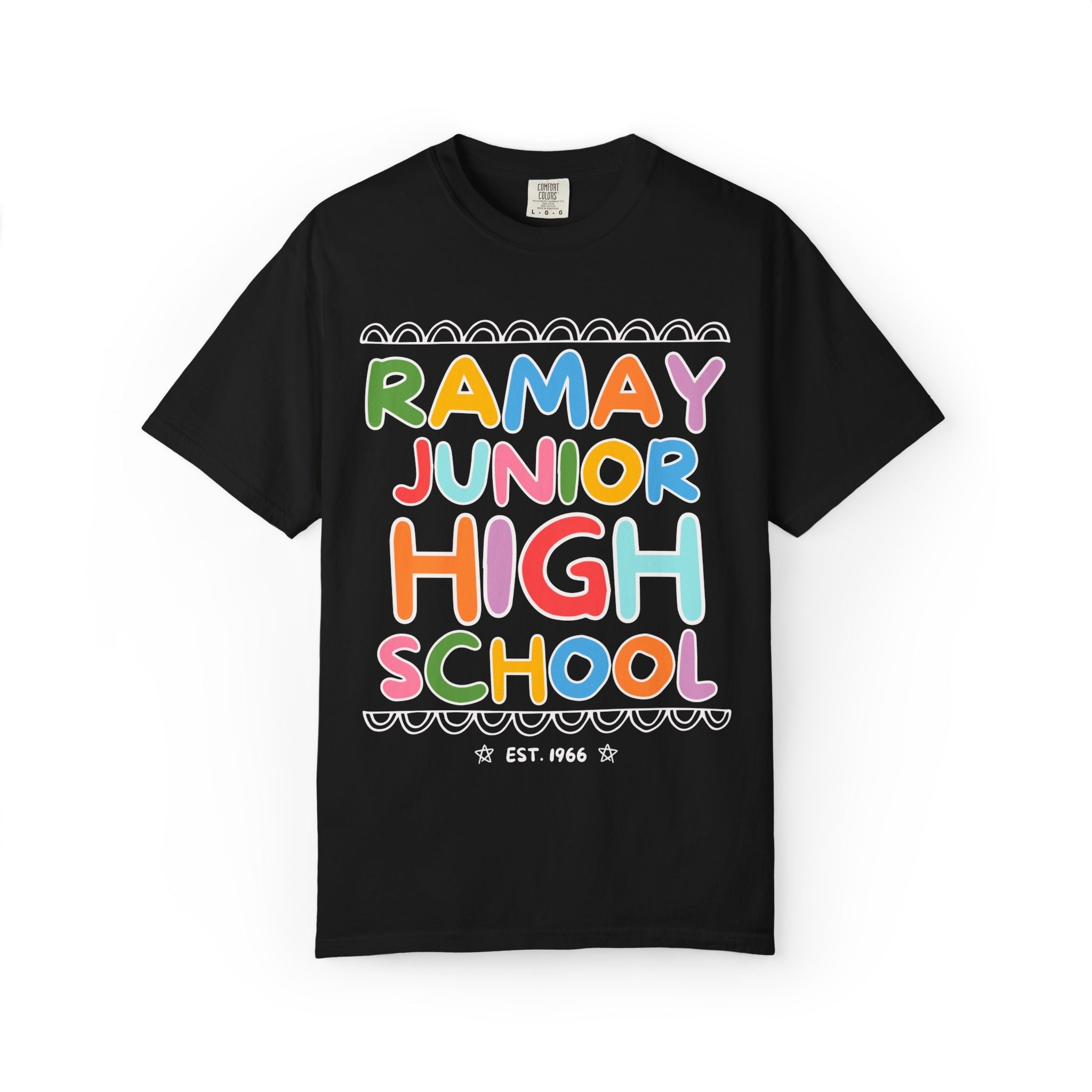 Ramay Junior High School Tee Shirt: Rainbow Letters - Opal and June