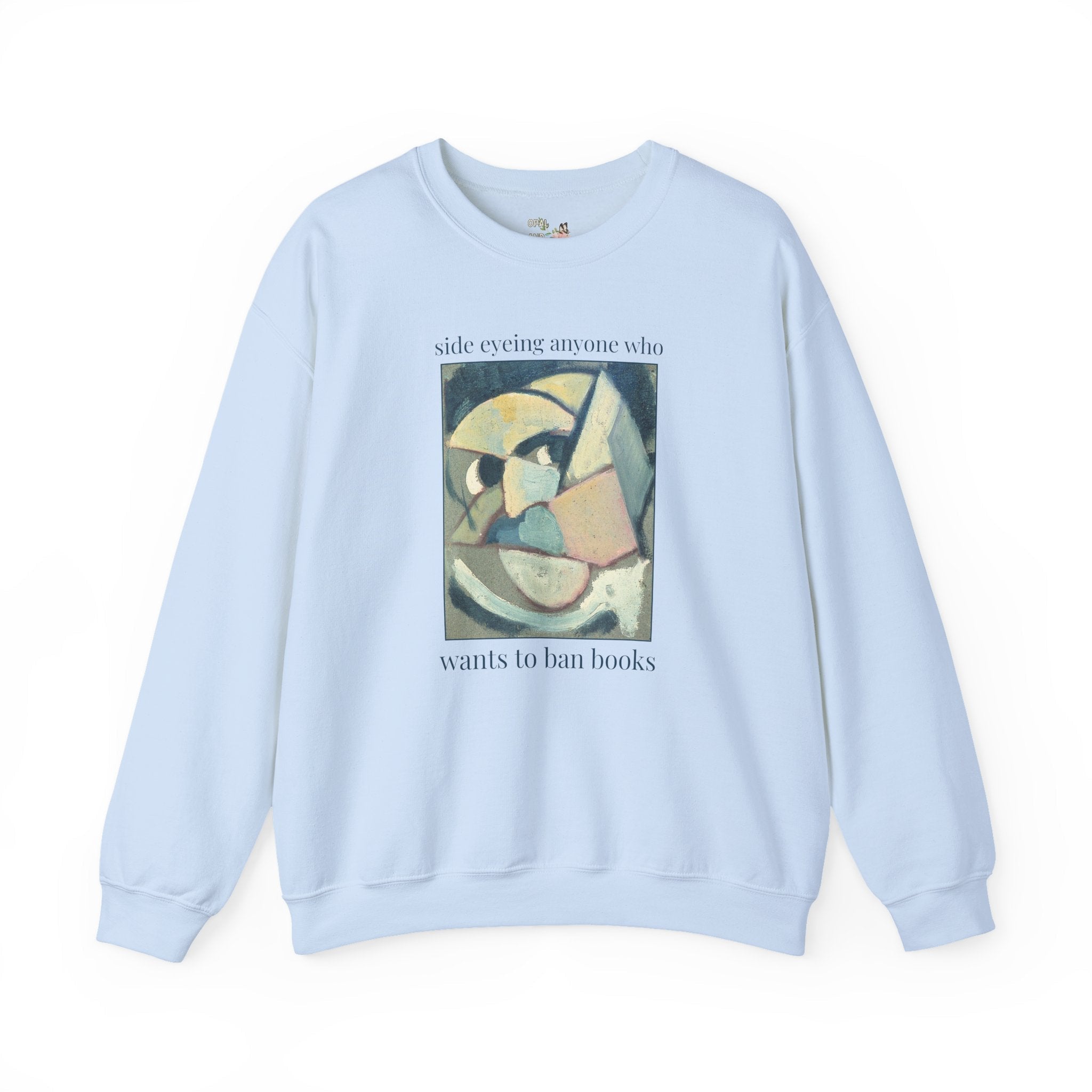 Read Banned Books Art History Lover Sweatshirt, Abstracted Portrait by Theo van Doesburg, Funny Book Lover Crewneck for Librarian or Reader - Opal and June