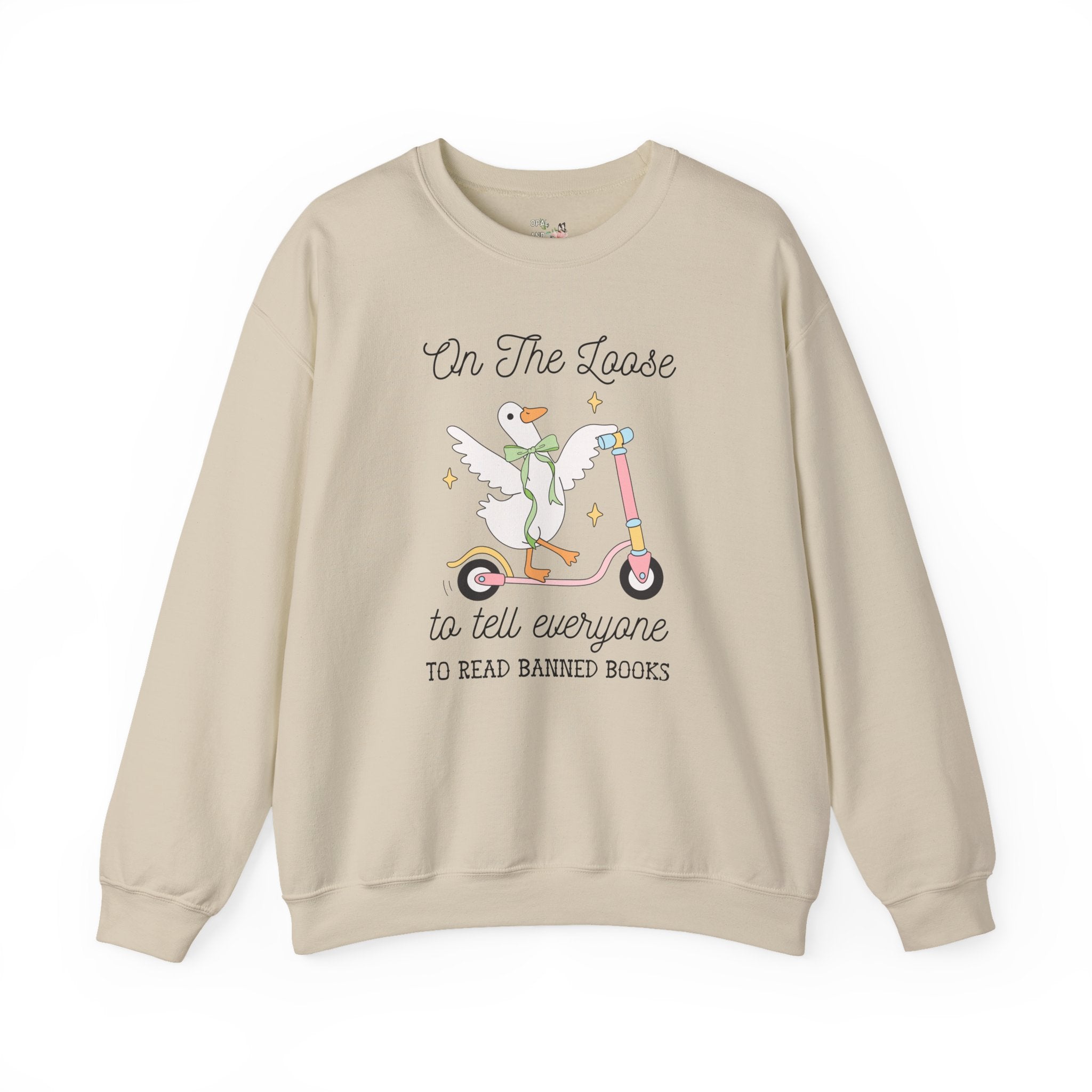 Read Banned Books Book Lover Sweatshirt with Silly Goose Wearing Cute Coquette Bow, Cute Bookish Crewneck for Leftist Bookworm or Librarian - Opal and June