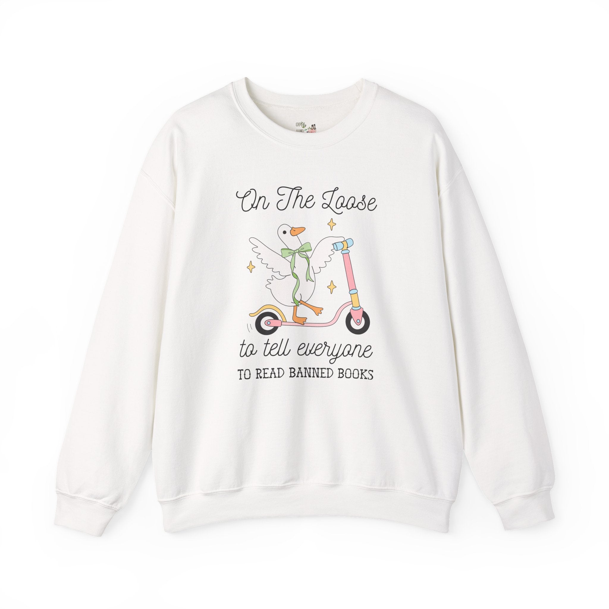 Read Banned Books Book Lover Sweatshirt with Silly Goose Wearing Cute Coquette Bow, Cute Bookish Crewneck for Leftist Bookworm or Librarian - Opal and June