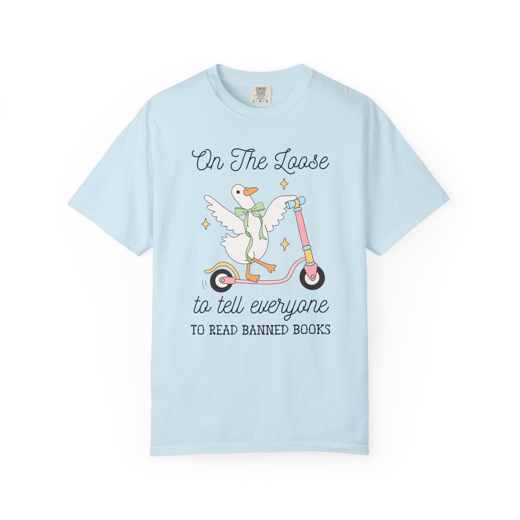 Read Banned Books Book Lover Tee Shirt with Silly Goose Wearing Cute Coquette Bow, Cute Bookish T-Shirt for Leftist Bookworm or Librarian - Opal and June