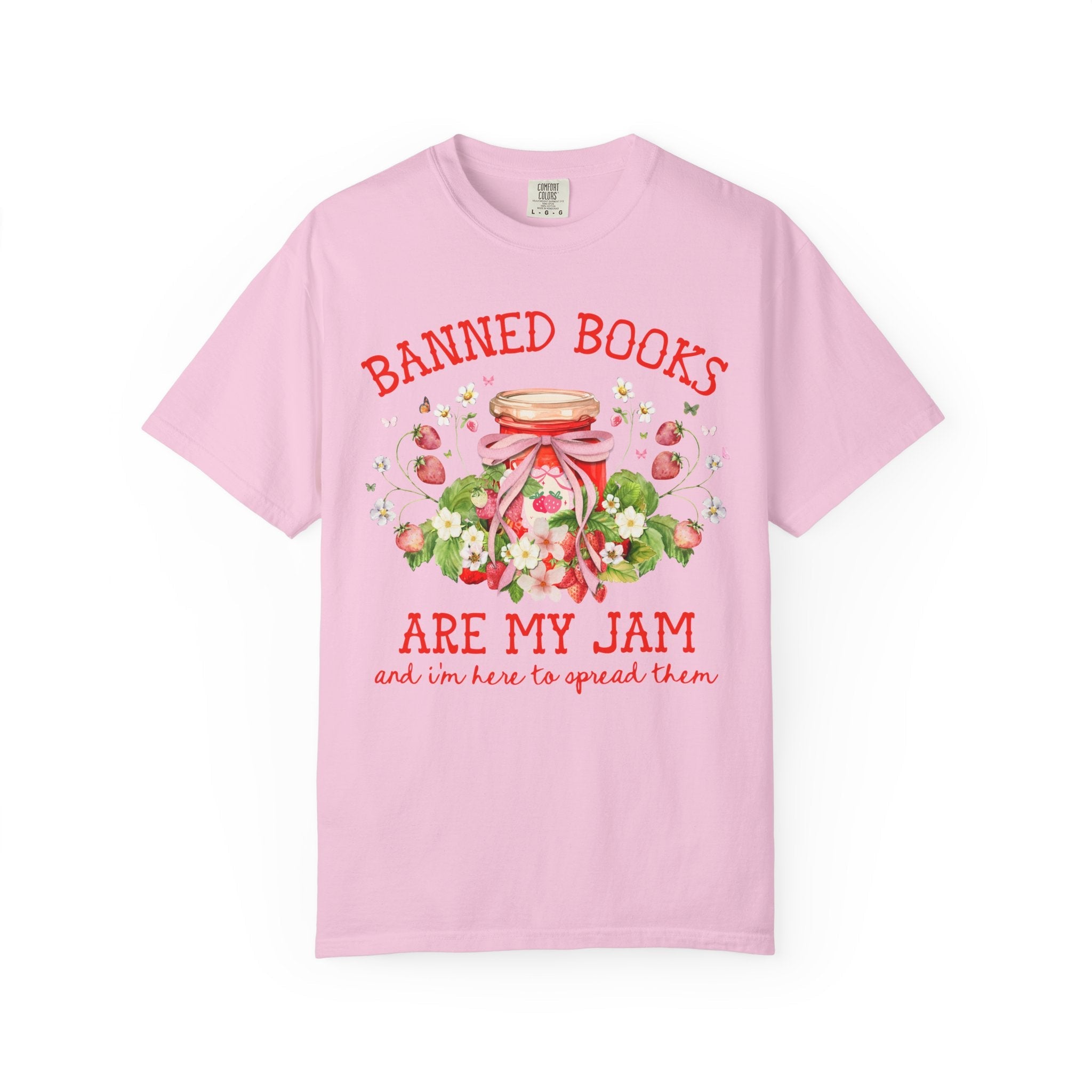 Read Banned Books Cute Reading Teacher T-Shirt for Librarian, Cottagecore Strawberry Tee Shirt, Book Lover, Boho Bookish Shirt with Flowers - Opal and June
