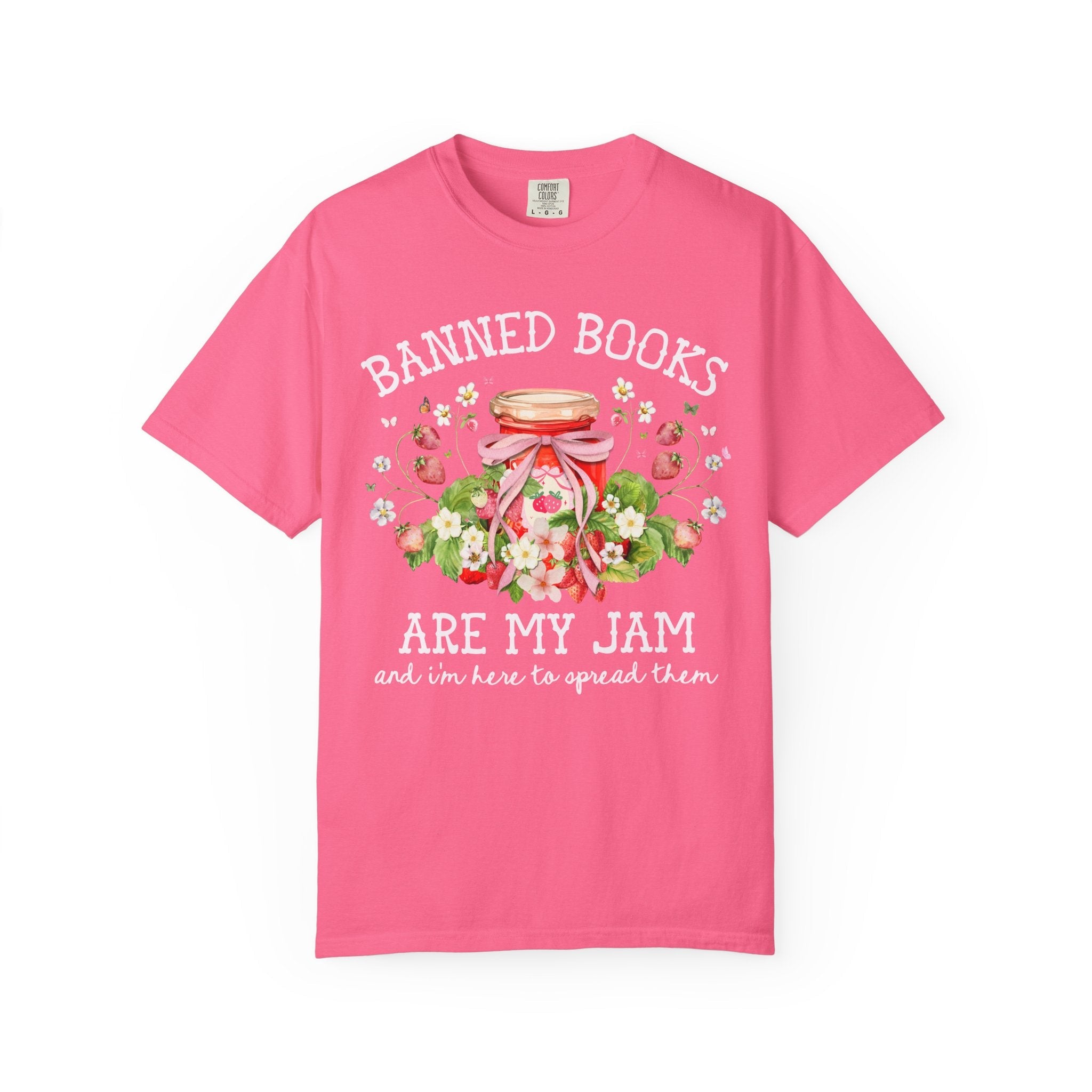 Read Banned Books Cute Reading Teacher T-Shirt for Librarian, Cottagecore Strawberry Tee Shirt, Book Lover, Boho Bookish Shirt with Flowers - Opal and June