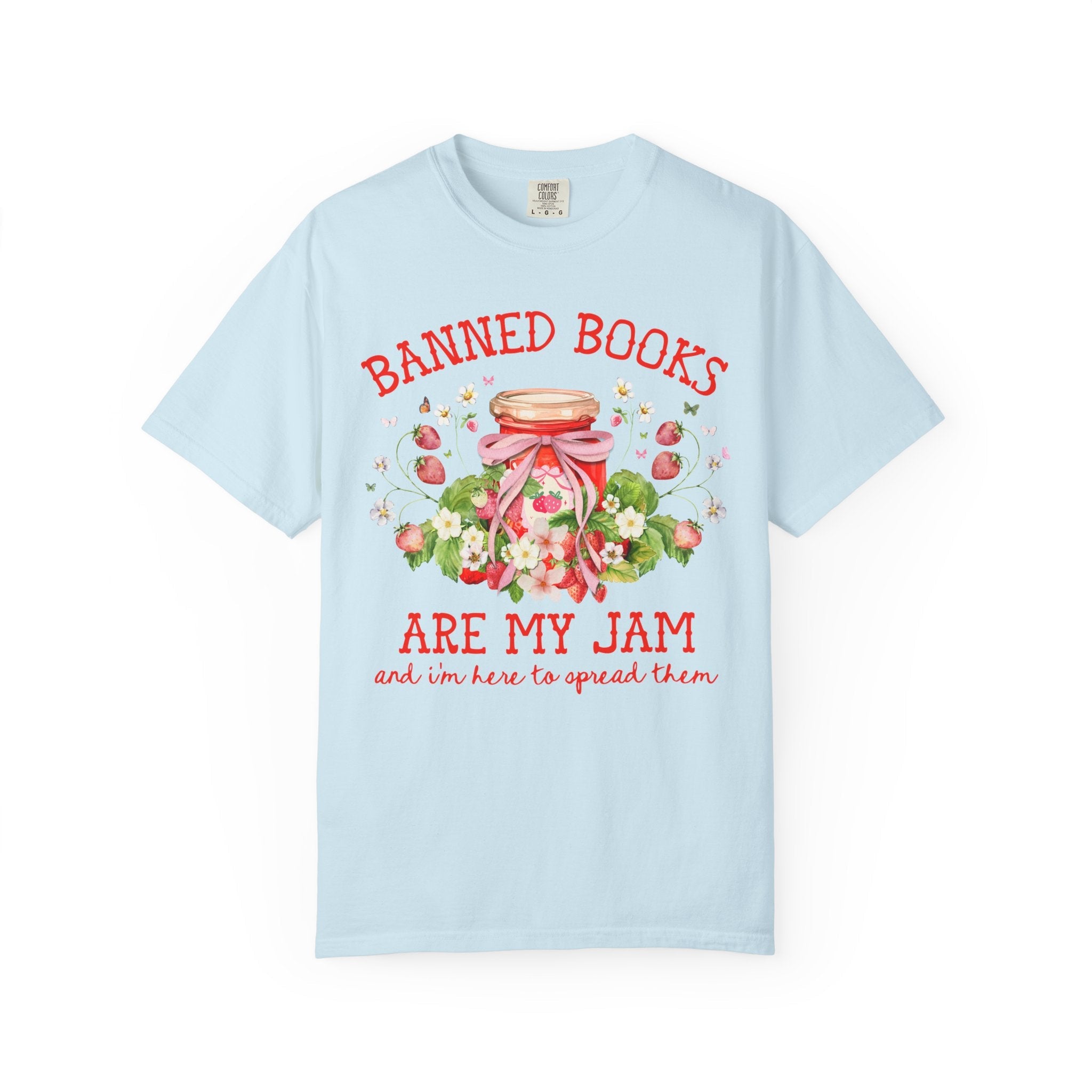 Read Banned Books Cute Reading Teacher T-Shirt for Librarian, Cottagecore Strawberry Tee Shirt, Book Lover, Boho Bookish Shirt with Flowers - Opal and June