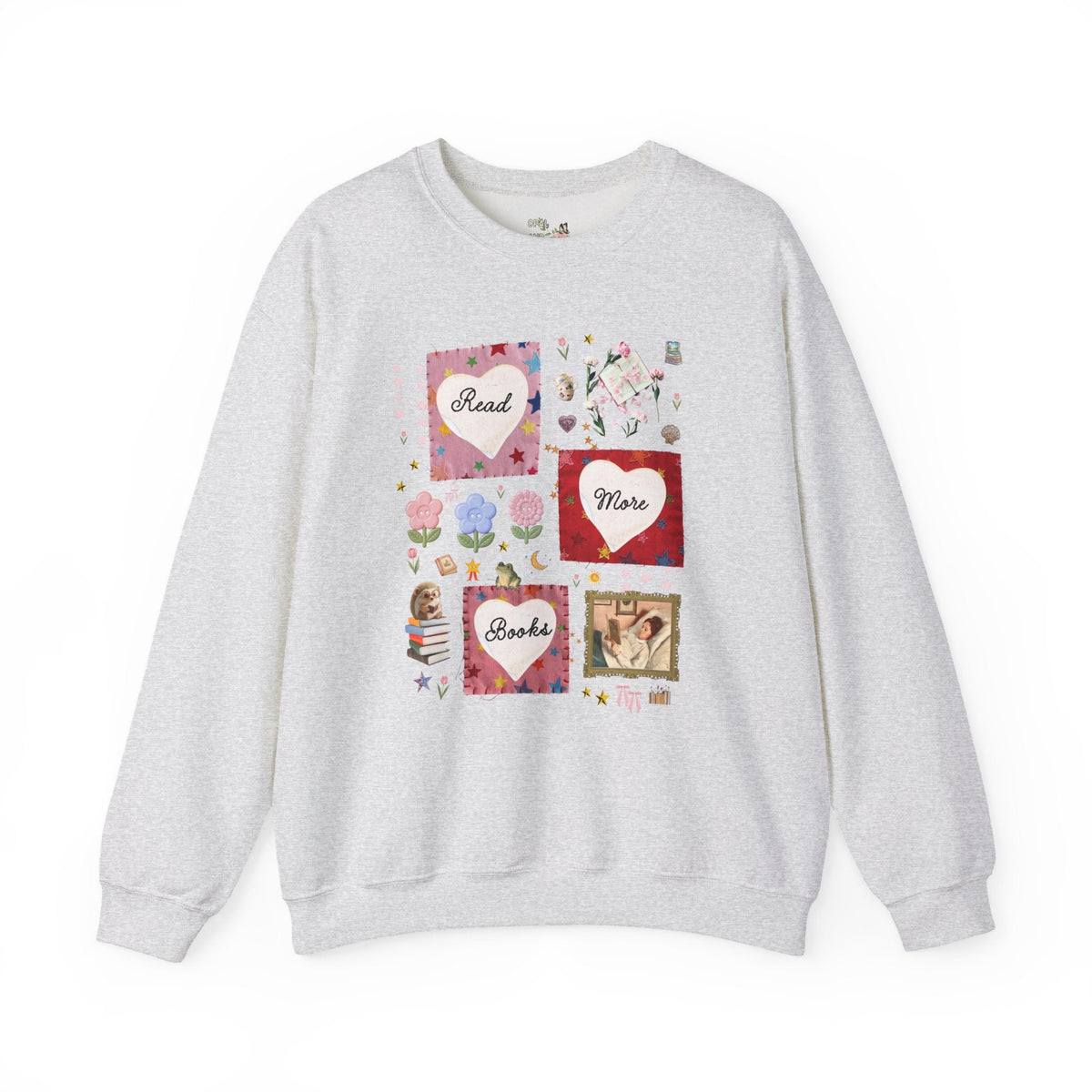Read More Books Maximalist Collage Sweatshirt with Hearts and Flowers, Whimsy Kitschy Soft Girl Style Crewneck for Book Lover or Bookworm - Opal and June