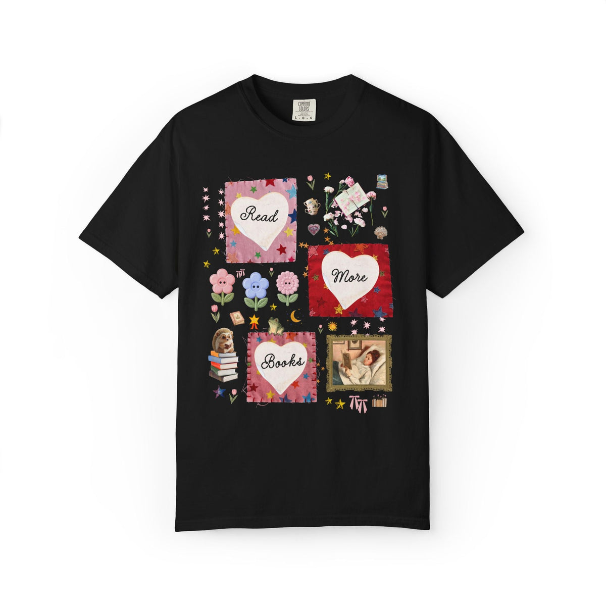 Read More Books Maximalist Collage T-Shirt with Hearts and Flowers, Whimsy Kitschy Soft Girl Style Tee Shirt for Book Lover or Bookworm - Opal and June
