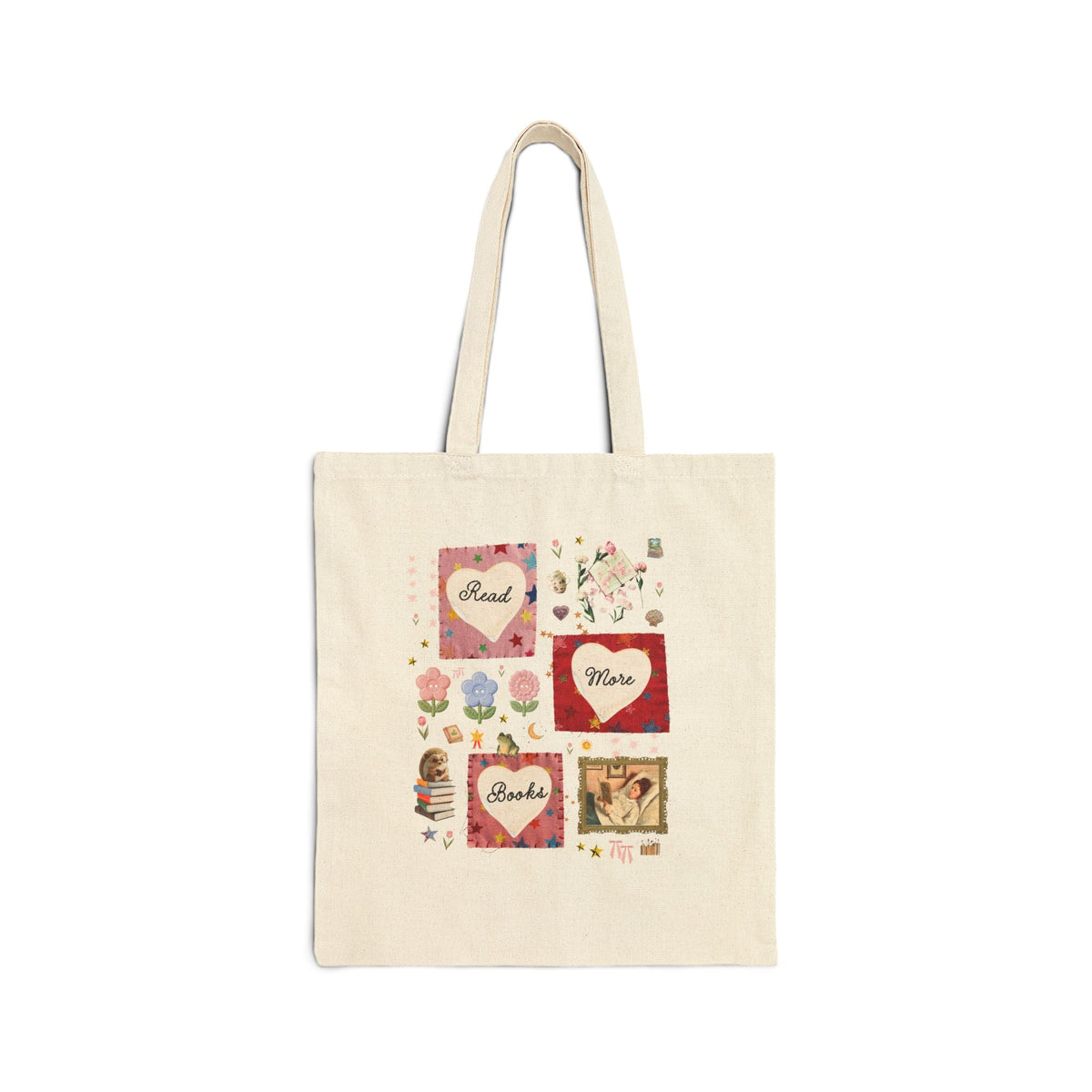 Read More Books Maximalist Collage Tote Bag with Hearts and Flowers, Whimsy Kitschy Soft Girl Style Tote Bag for Book Lover or Bookworm - Opal and June