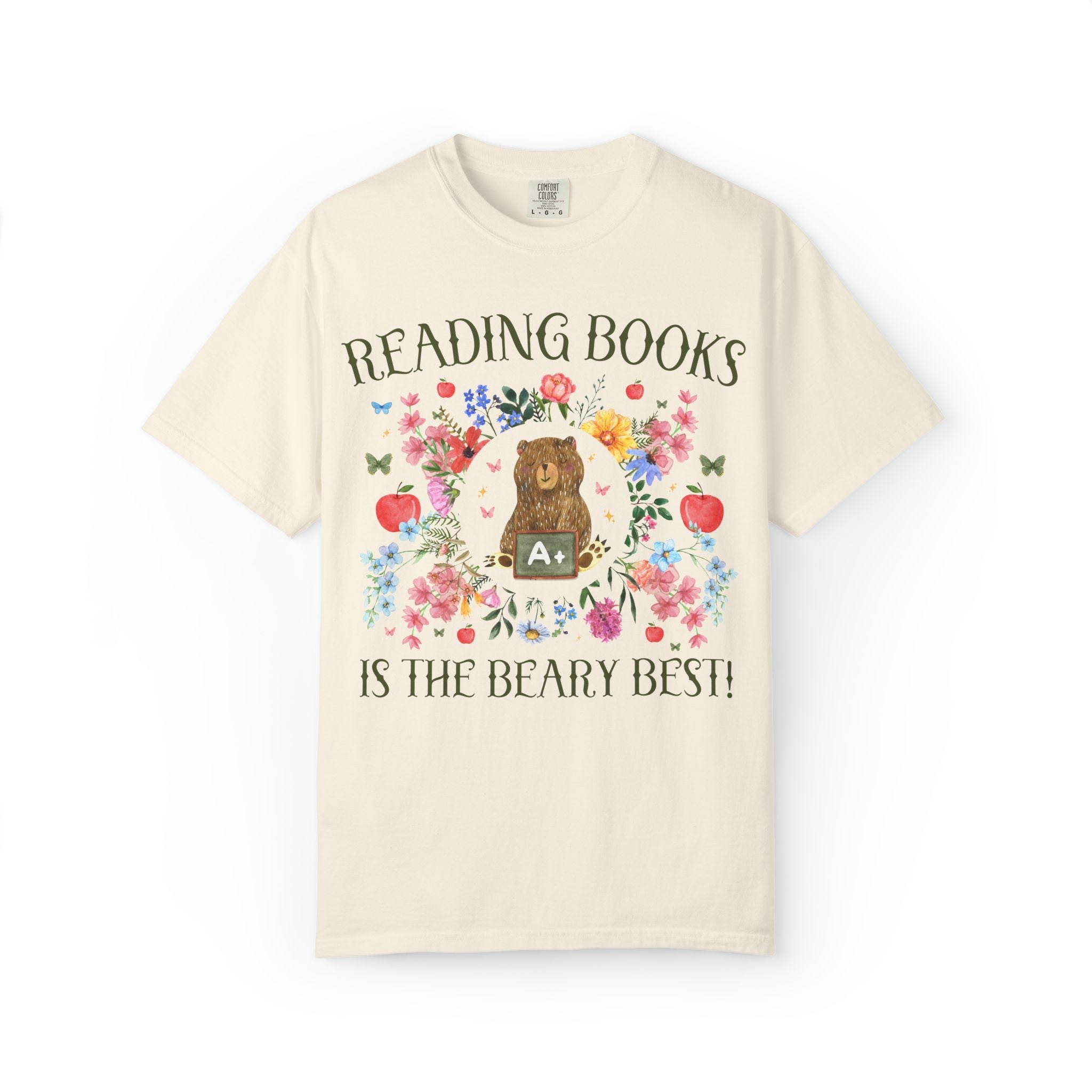 Reading Books is The Beary Best Matching Teacher T-Shirt with Flowers and Cute Cottagecore Bear, Back to School Goblincore Tee - Opal and June
