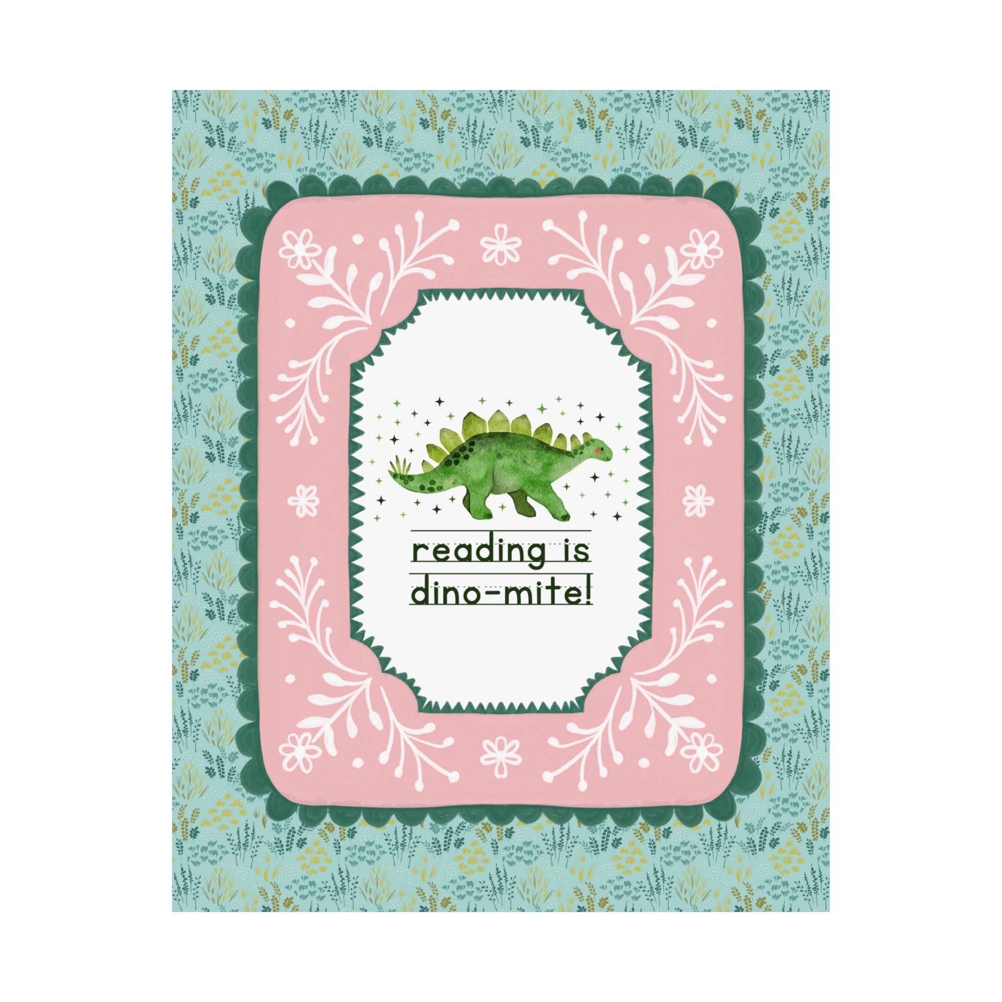Reading is Dino - Mite Elementary School Reading Month Poster for School Librarian or Reading Teacher, Cute and Funny Dinosaur Lover Print - Opal and June