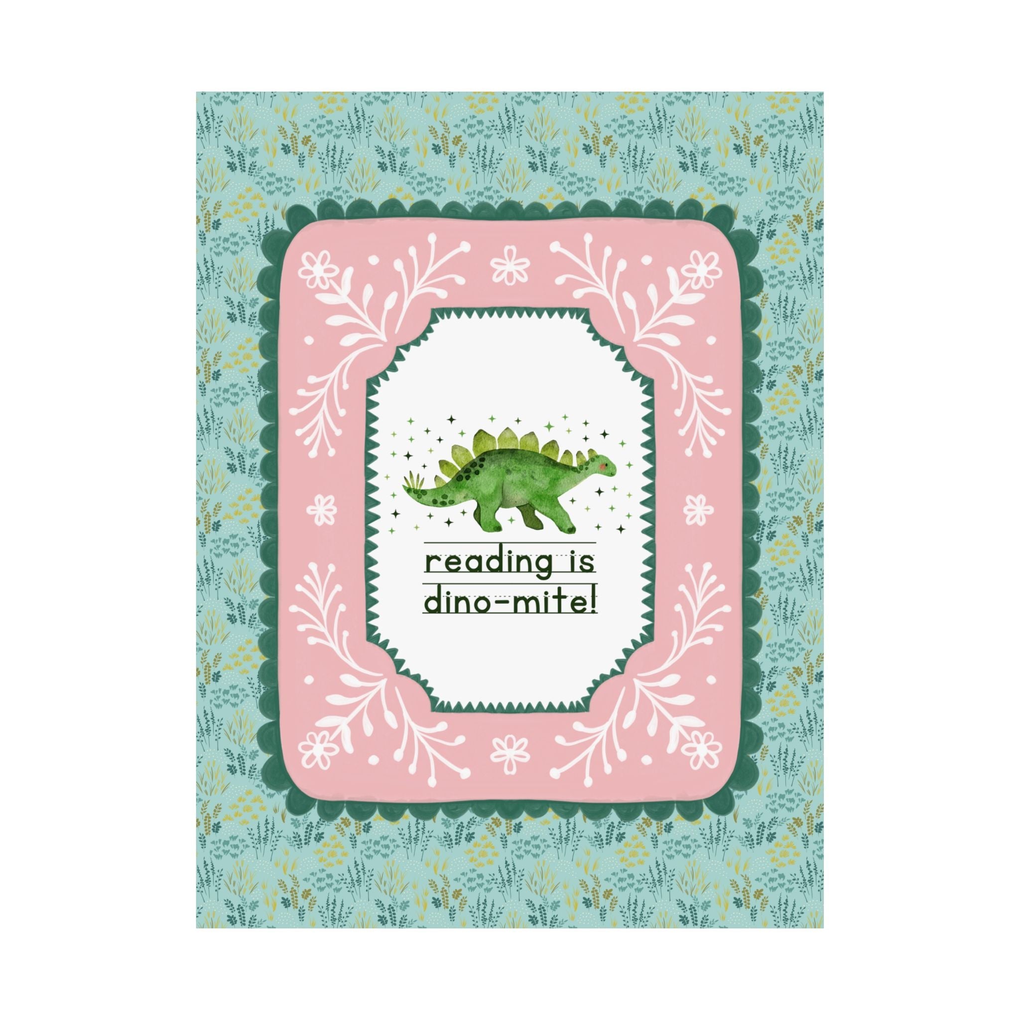 Reading is Dino - Mite Elementary School Reading Month Poster for School Librarian or Reading Teacher, Cute and Funny Dinosaur Lover Print - Opal and June