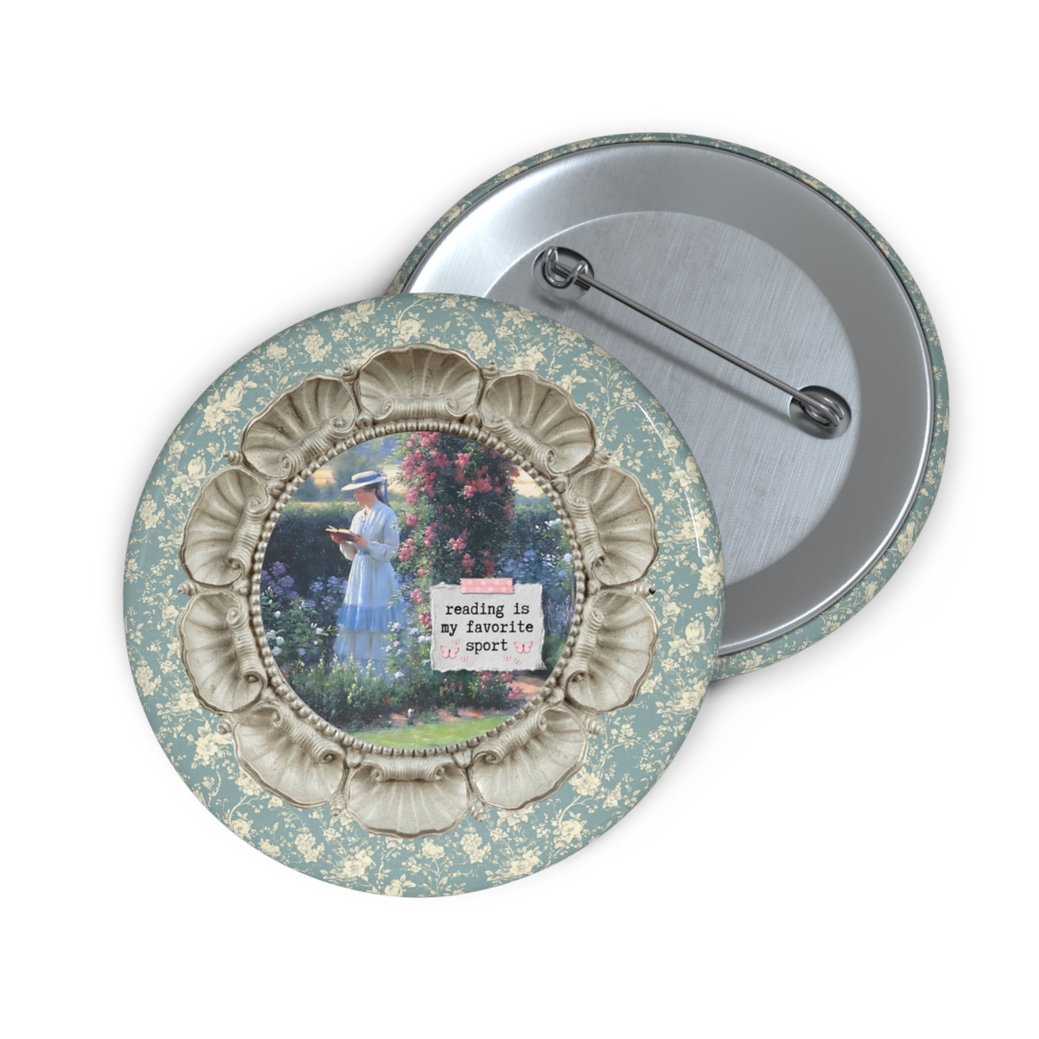 Reading is My Favorite Sport Bookish Art History Pin, Sweet Solitude Painting by Edmund Blair Leighton, Romance Reader Gardening Pinback Button - Opal and June