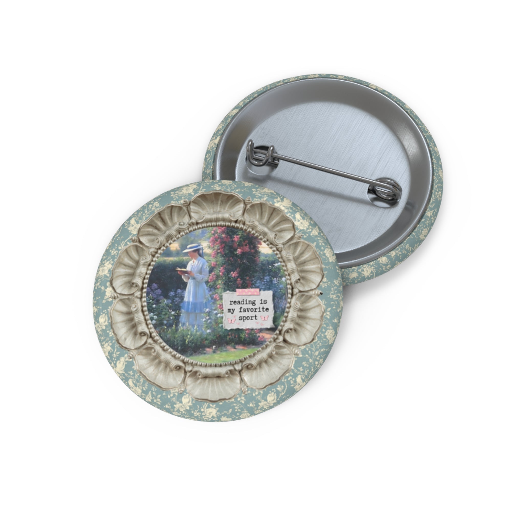Reading is My Favorite Sport Bookish Art History Pin, Sweet Solitude Painting by Edmund Blair Leighton, Romance Reader Gardening Pinback Button - Opal and June