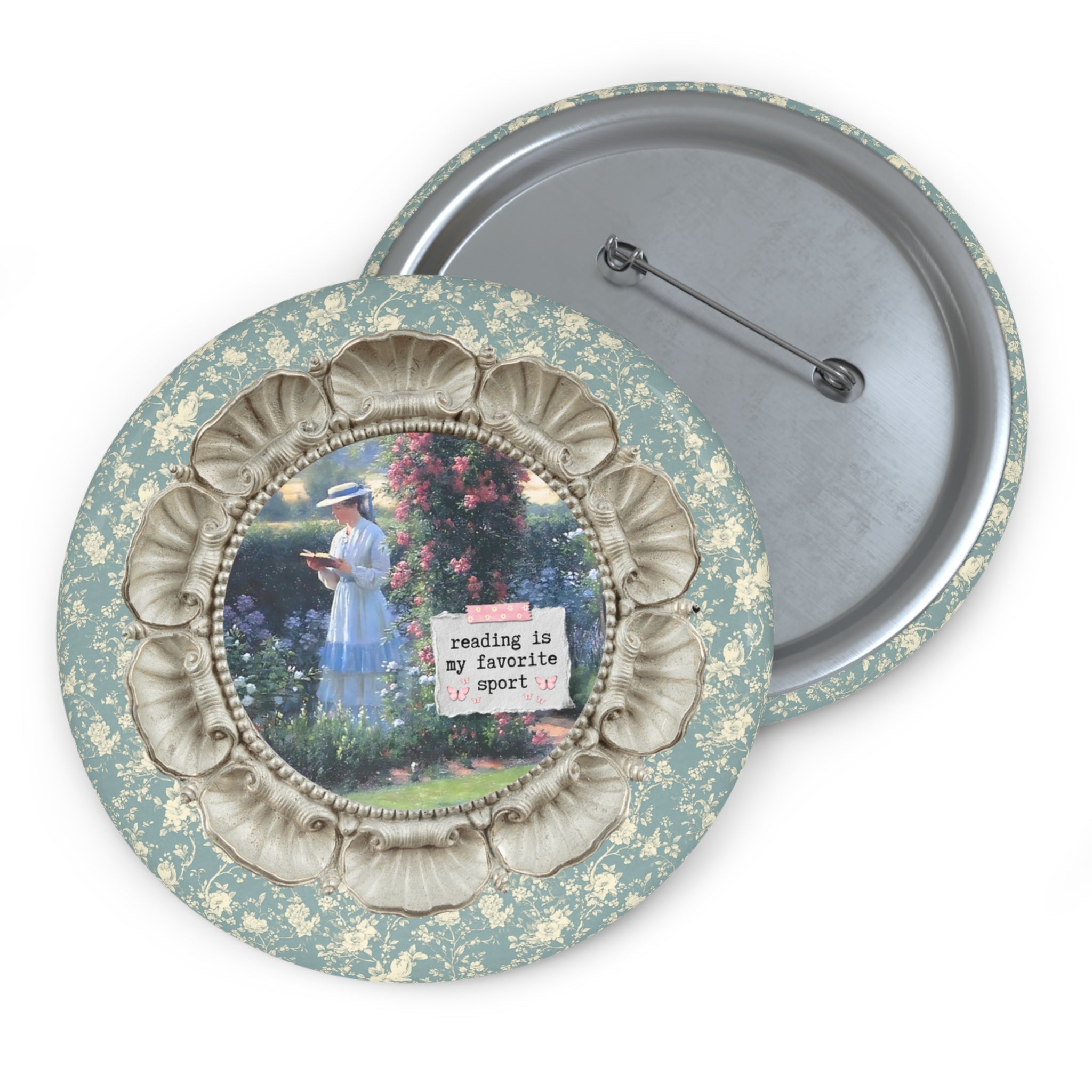 Reading is My Favorite Sport Bookish Art History Pin, Sweet Solitude Painting by Edmund Blair Leighton, Romance Reader Gardening Pinback Button - Opal and June