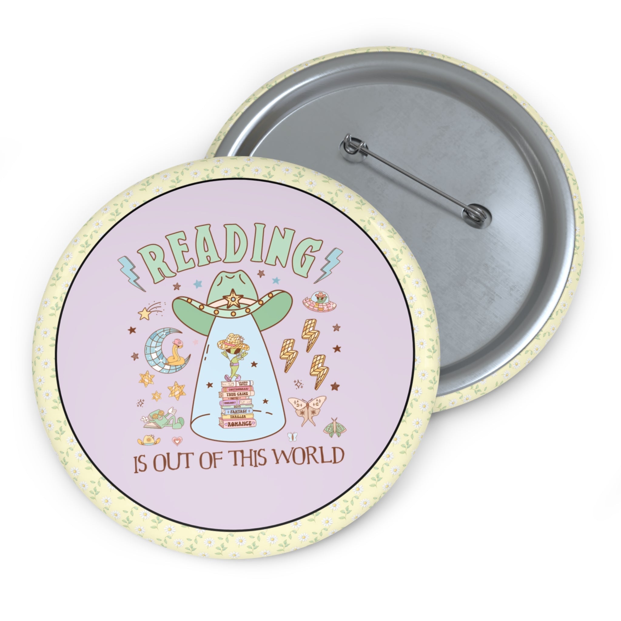 Reading is Out of This World: Funny Bookish Alien Button with Disco Groovy Vibe, Silly School Librarian Button for Bookworm or Author - Opal and June