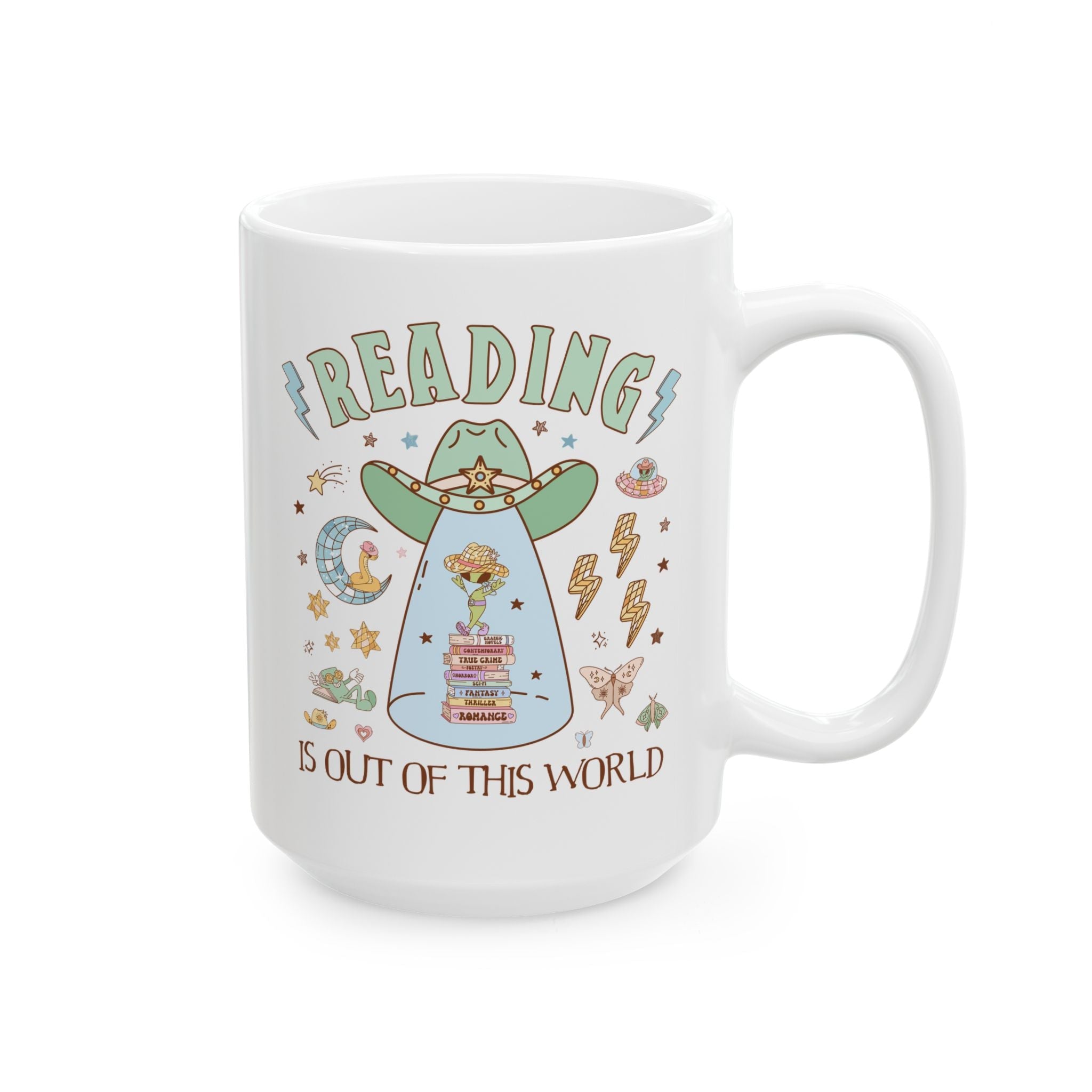 Reading is Out of This World: Funny Bookish Alien Mug with Disco Groovy Vibe, Silly School Librarian 15 Oz Mug for Bookworm or Author - Opal and June