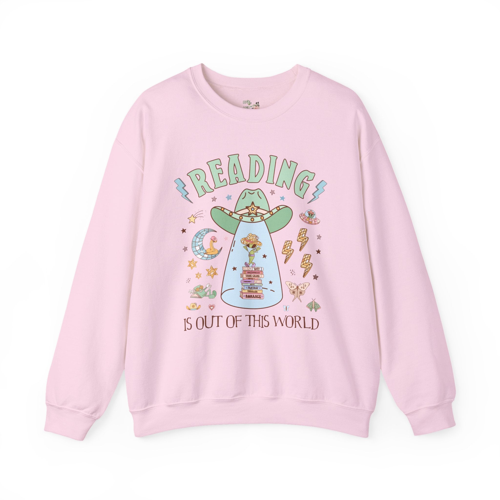 Reading is Out of This World: Funny Bookish Alien Sweatshirt with Disco Groovy Vibe, Silly School Librarian Crewneck for Bookworm or Author - Opal and June