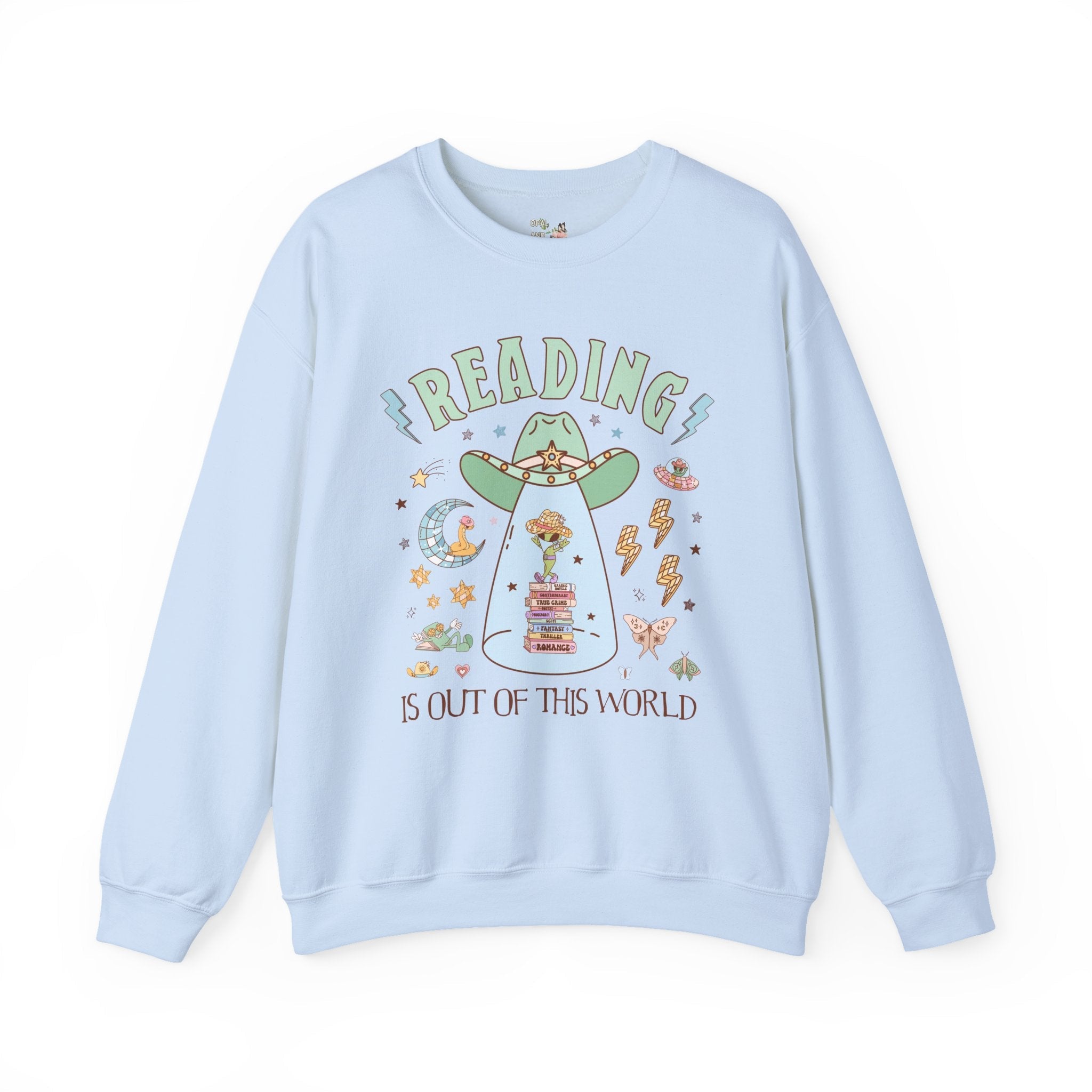 Reading is Out of This World: Funny Bookish Alien Sweatshirt with Disco Groovy Vibe, Silly School Librarian Crewneck for Bookworm or Author - Opal and June
