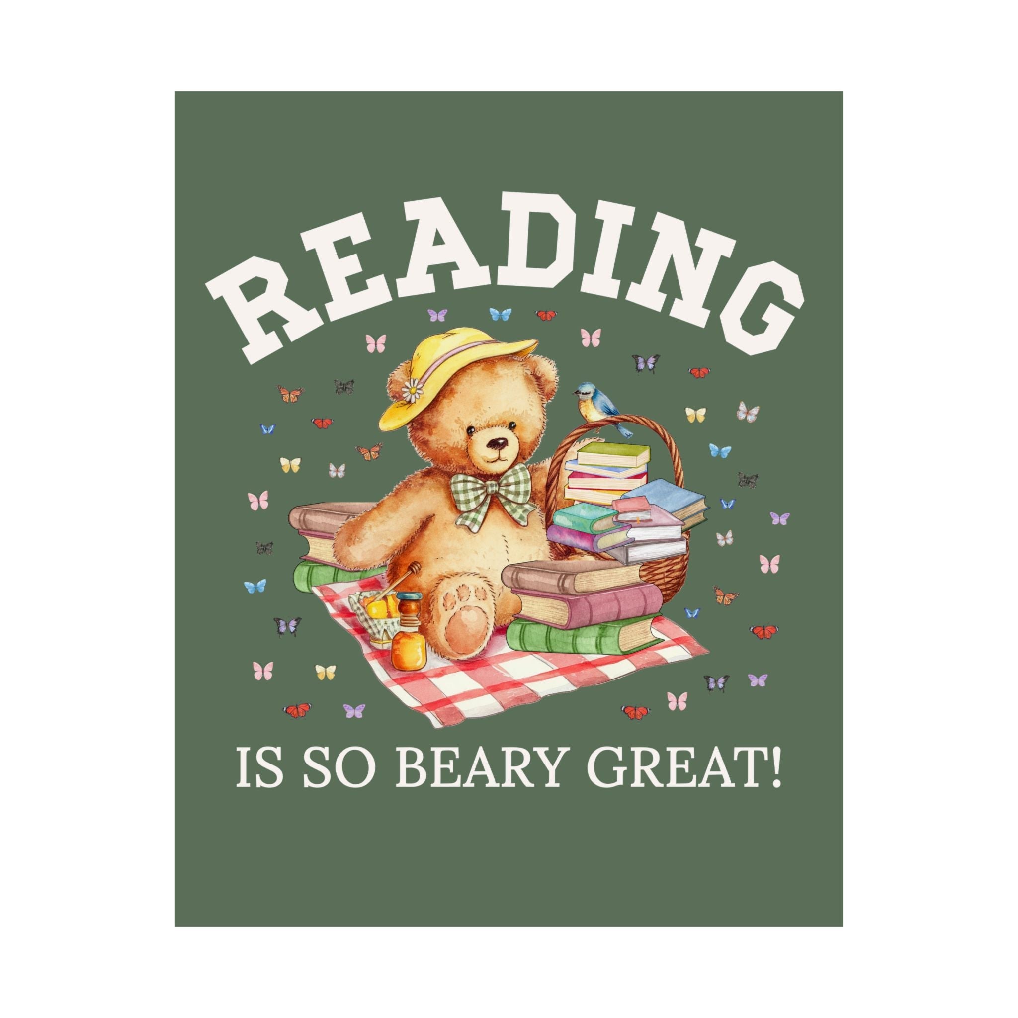 Reading Teacher Poster for School Librarian, Animal Lover Cottagecore Bear Print for Bookworm or Book Lover, Boho 90s Throwback Poster - Opal and June