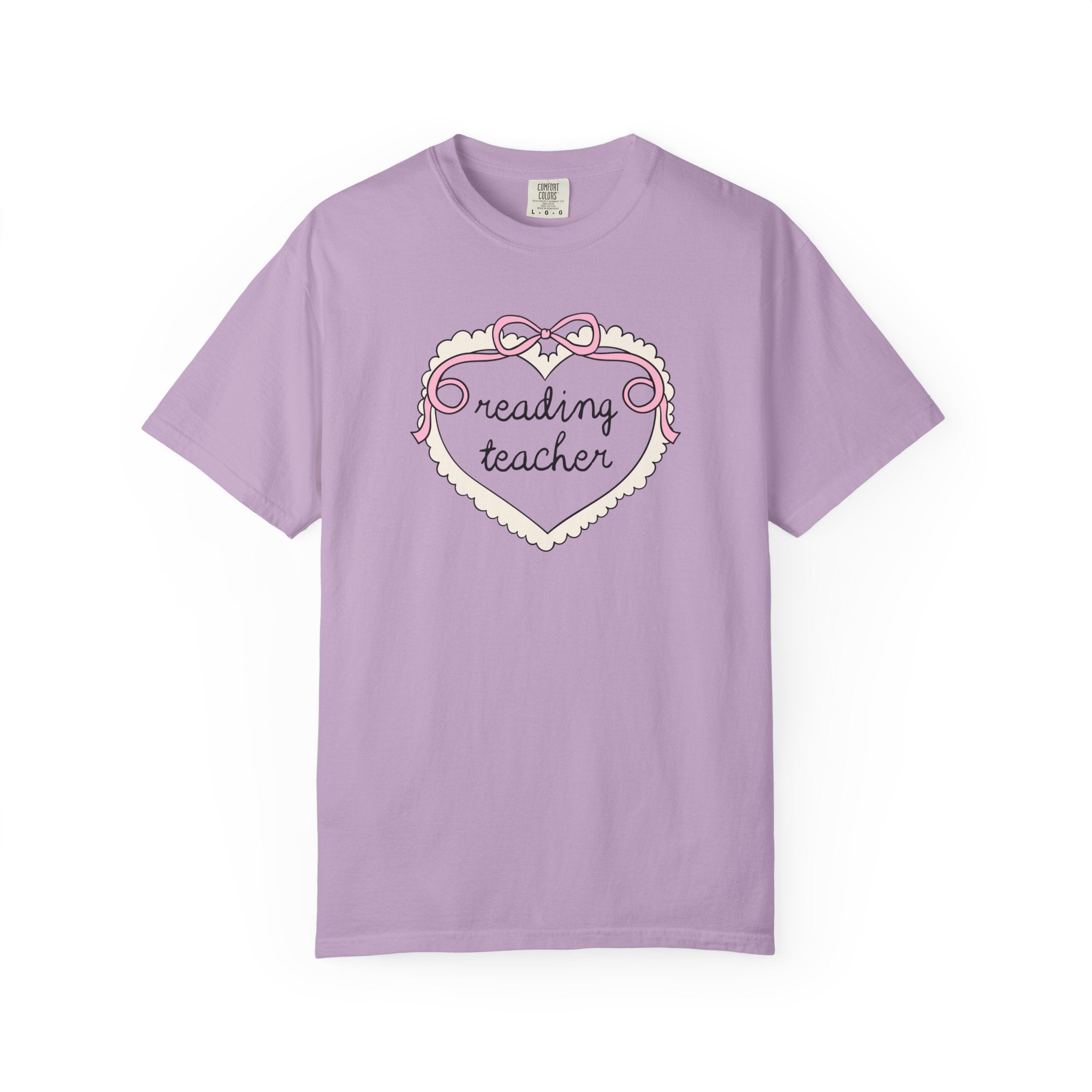 Reading Teacher Tee Shirt for School Librarian or Reading Teacher Crew, Cute Retro Aesthetic Heart with Ribbon, Matching Reading Teacher Tee - Opal and June