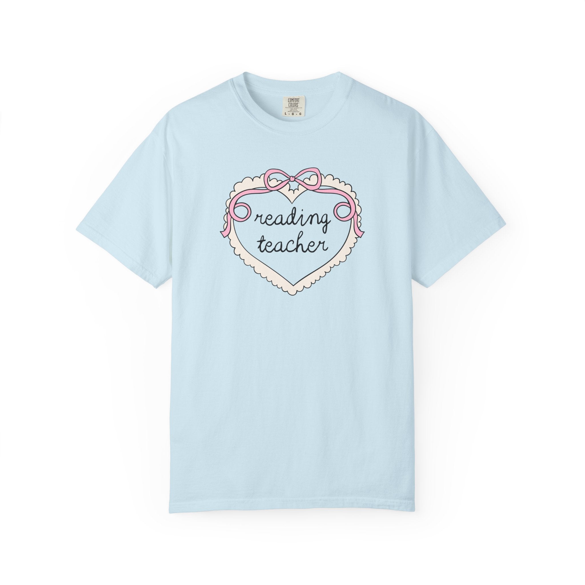 Reading Teacher Tee Shirt for School Librarian or Reading Teacher Crew, Cute Retro Aesthetic Heart with Ribbon, Matching Reading Teacher Tee - Opal and June