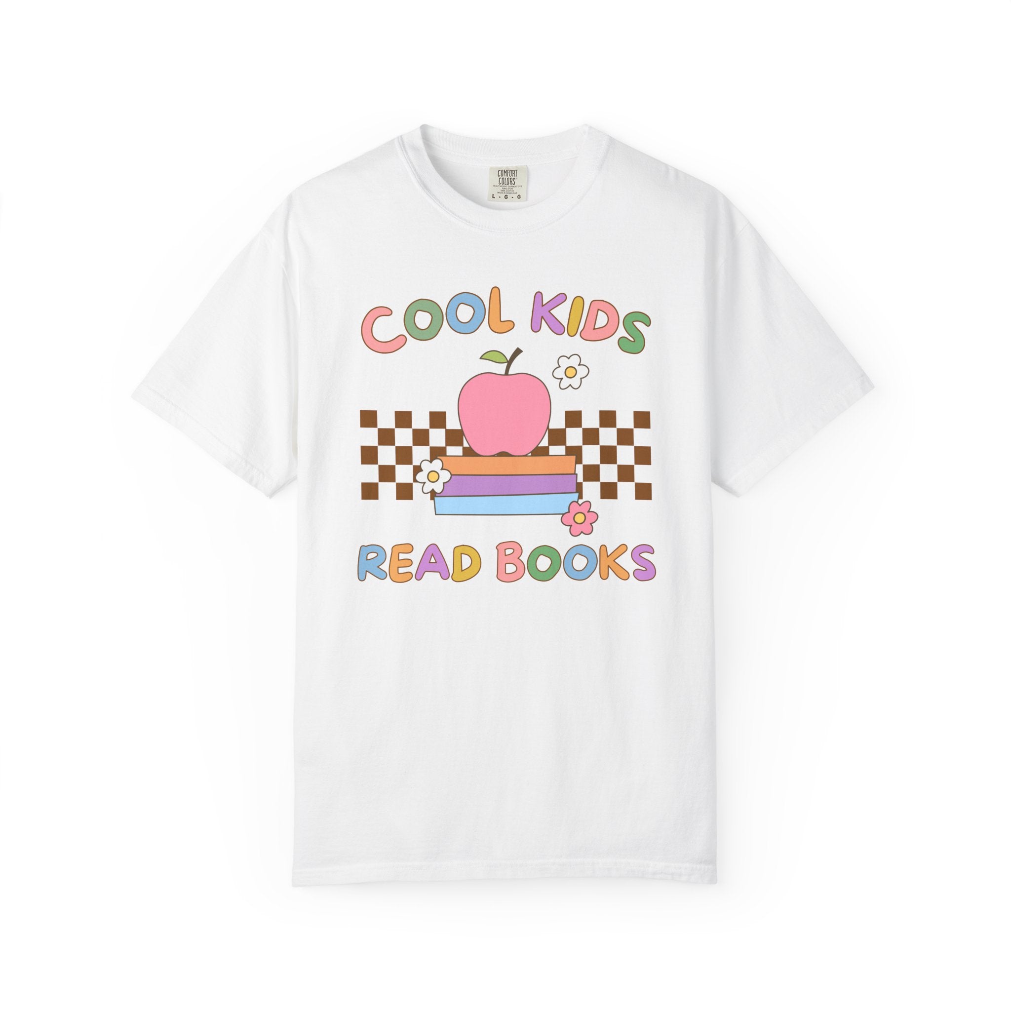 Reading Teacher Tee Shirt with Apple Sitting on Books: Cool Kids Read Books, Funny Saying Bookish Tee Shirt for School Librarian or Bookworm - Opal and June