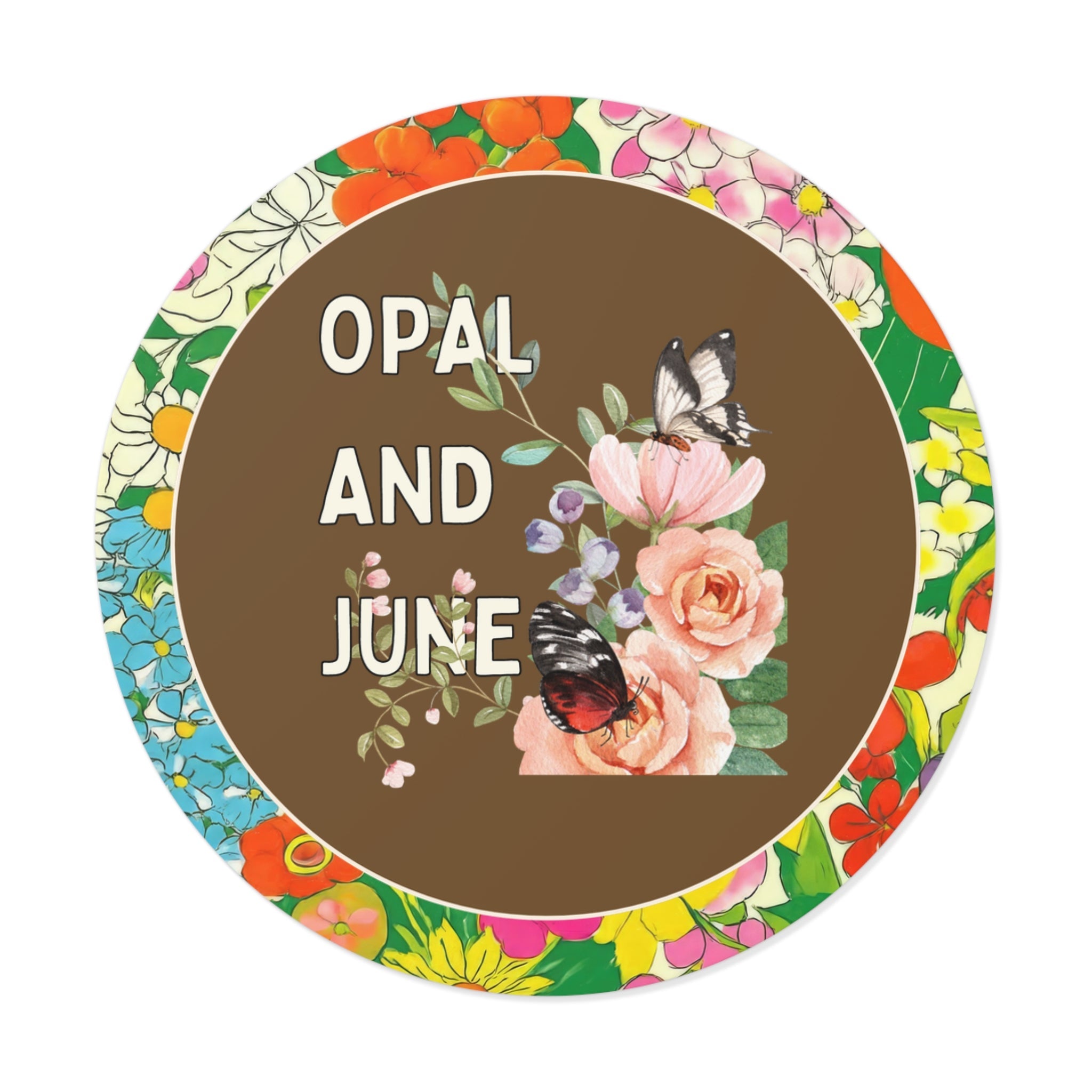 Retro Floral Opal and June Sticker with Colorful Flower Border - Opal and June