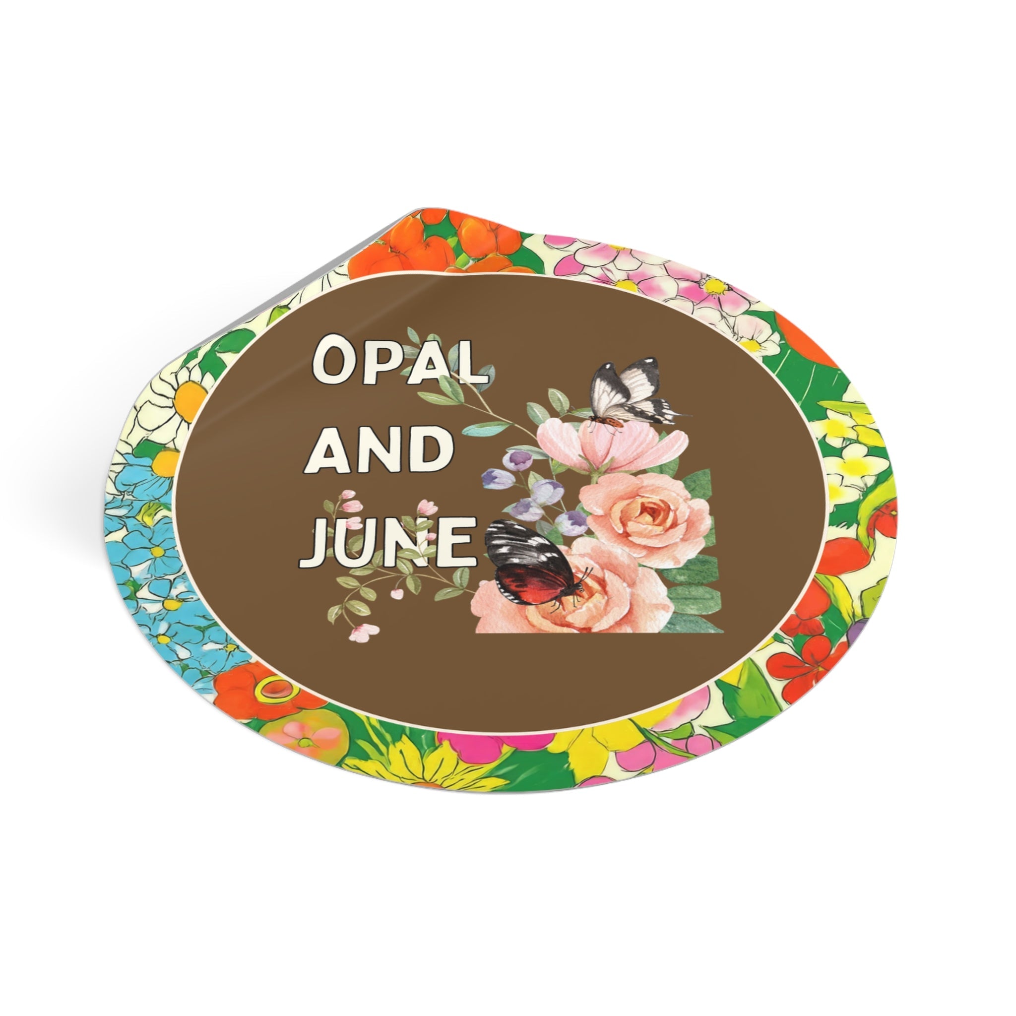 Retro Floral Opal and June Sticker with Colorful Flower Border - Opal and June