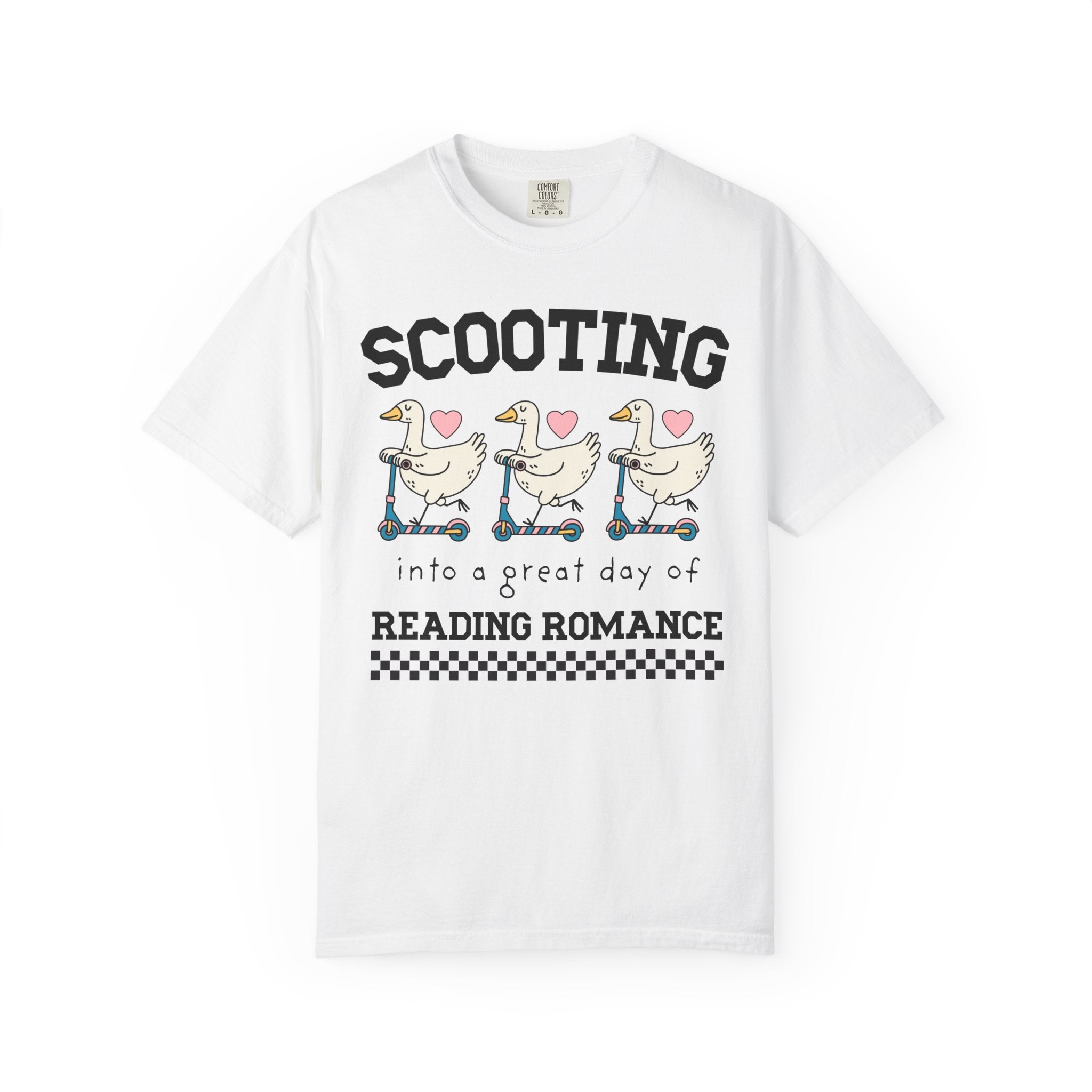 Romance Reader Animal Lover Tee Shirt with Cute 90s Aesthetic Geese: Scooting into a Great Day of Reading Romance, Silly Bookish T-Shirt - Opal and June