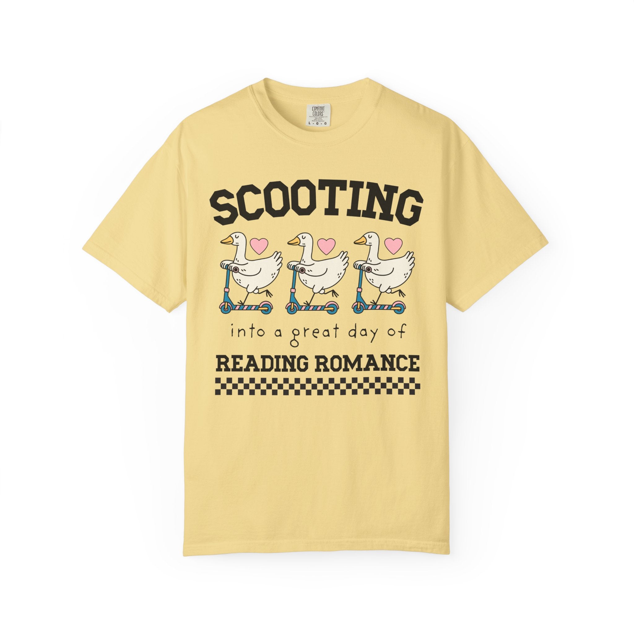 Romance Reader Animal Lover Tee Shirt with Cute 90s Aesthetic Geese: Scooting into a Great Day of Reading Romance, Silly Bookish T-Shirt - Opal and June