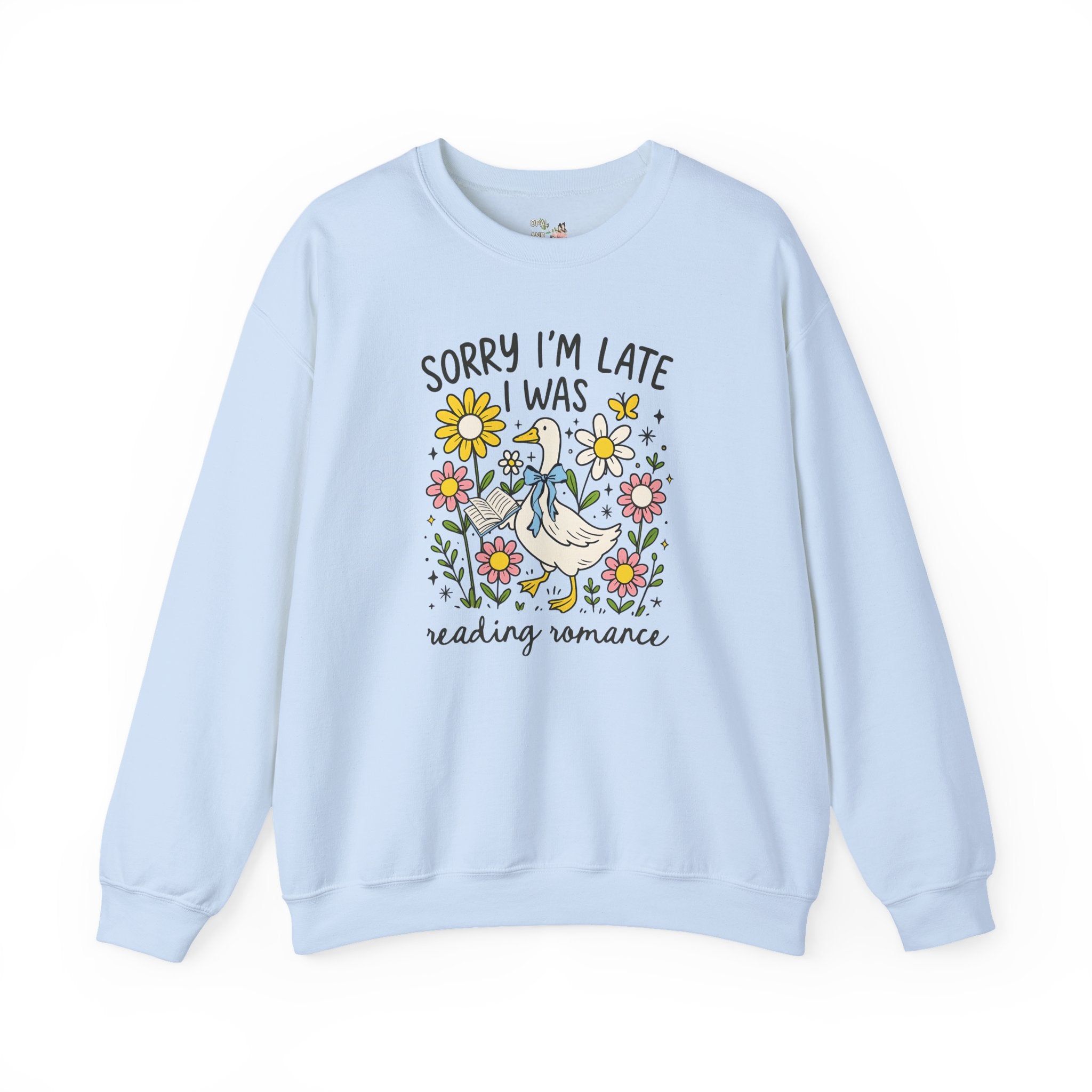Romance Reader Sweatshirt, Animal Lover Who Loves Flowers and Reading Romance Books, Cute Bookish Shirt with Silly Goose, Romance Bookworm - Opal and June