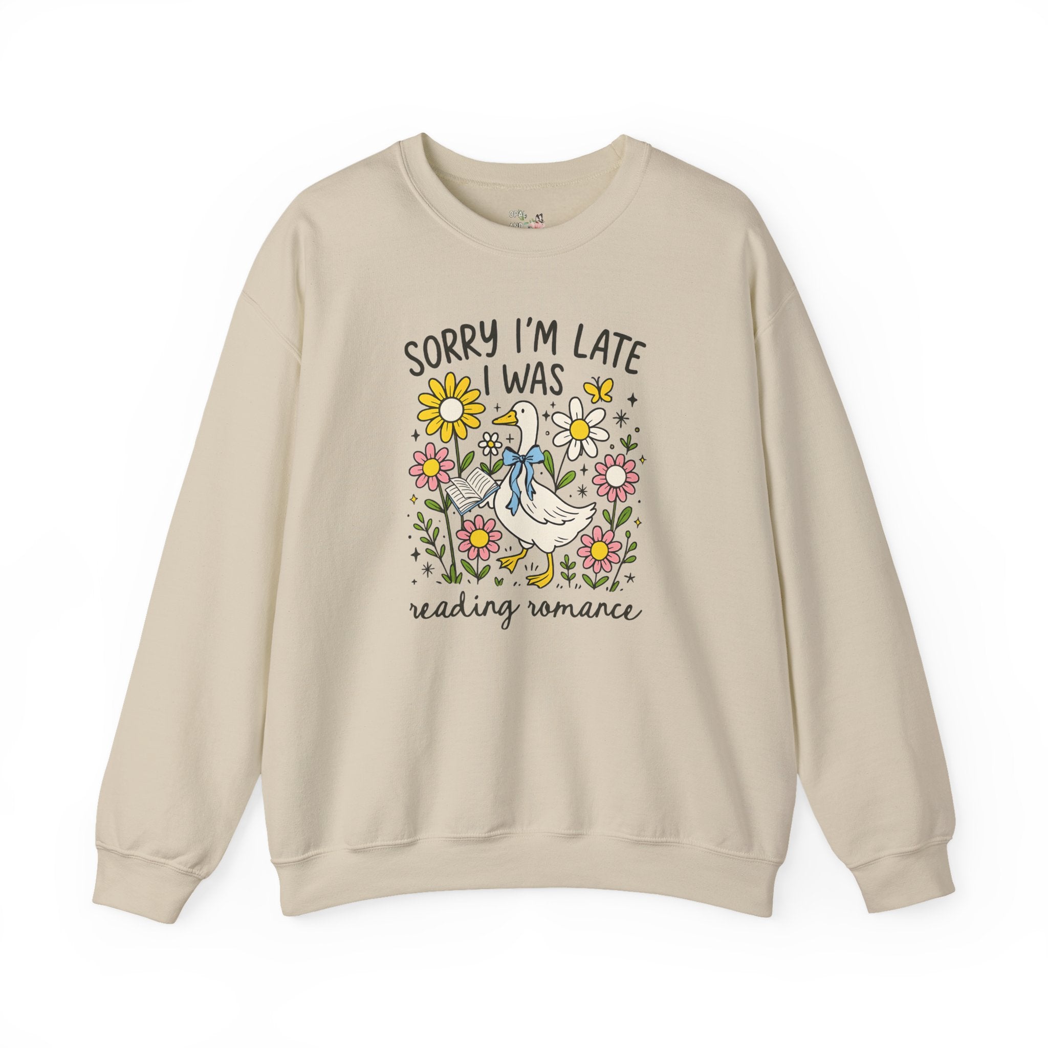Romance Reader Sweatshirt, Animal Lover Who Loves Flowers and Reading Romance Books, Cute Bookish Shirt with Silly Goose, Romance Bookworm - Opal and June