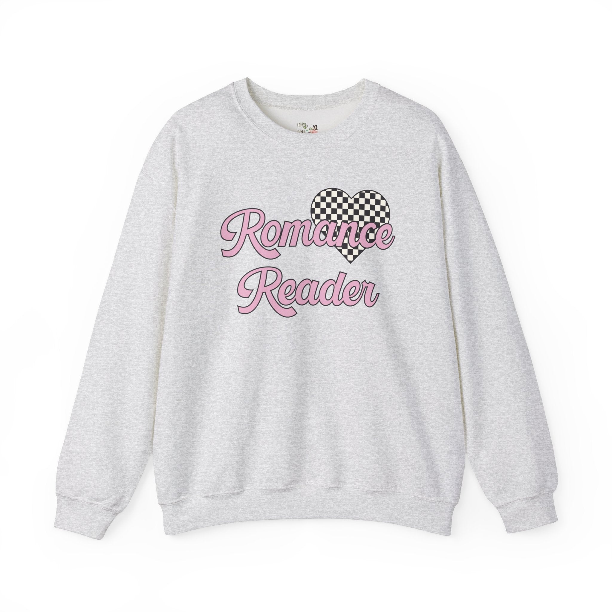 Romance Reader Sweatshirt with Checkered Heart, Cute 90s Aesthetic Book Lover Gift Idea for Bookworm or Librarian Who Loves Romance Novels - Opal and June