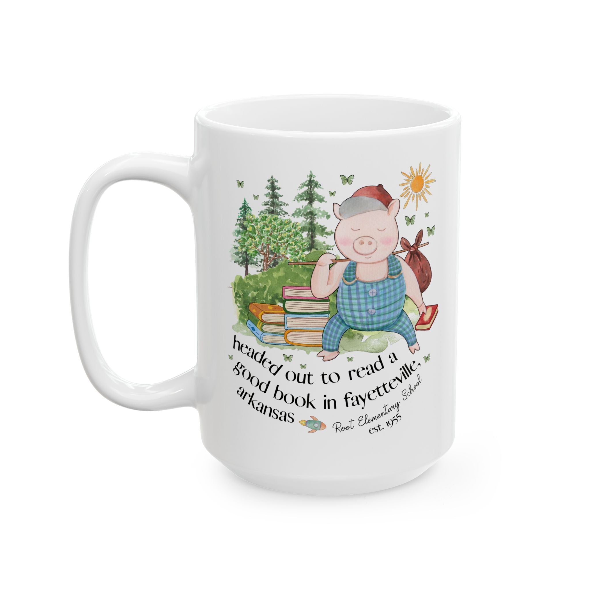 Root Elementary School Coffee Mug: Headed Out to Read a Good Book | FPS + Opal and June 15 Oz Coffee Mug, Fayetteville Public Schools - Opal and June