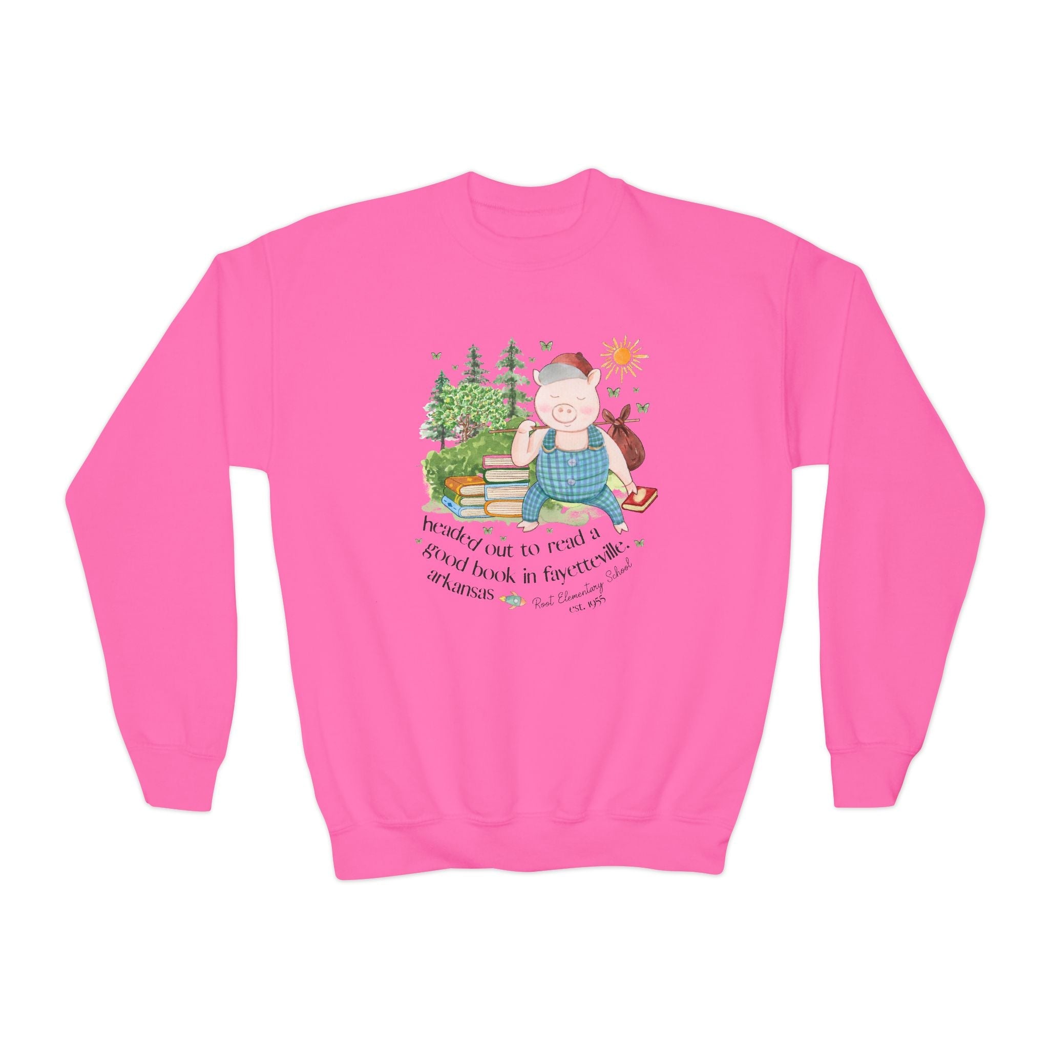 Root Elementary School Kids Sweatshirt: Headed Out to Read a Good Book | FPS + Opal and June Kids Sweatshirt, Fayetteville Public Schools - Opal and June