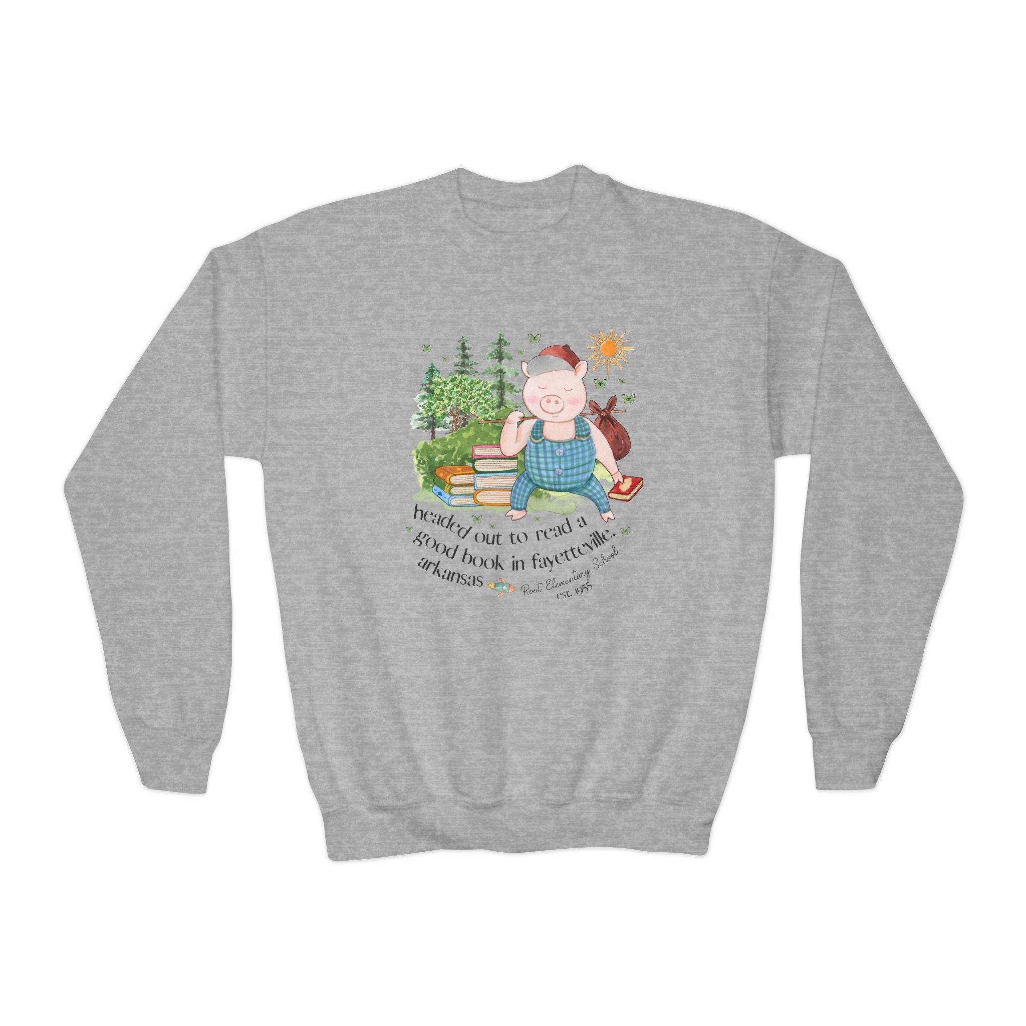 Root Elementary School Kids Sweatshirt: Headed Out to Read a Good Book | FPS + Opal and June Kids Sweatshirt, Fayetteville Public Schools - Opal and June