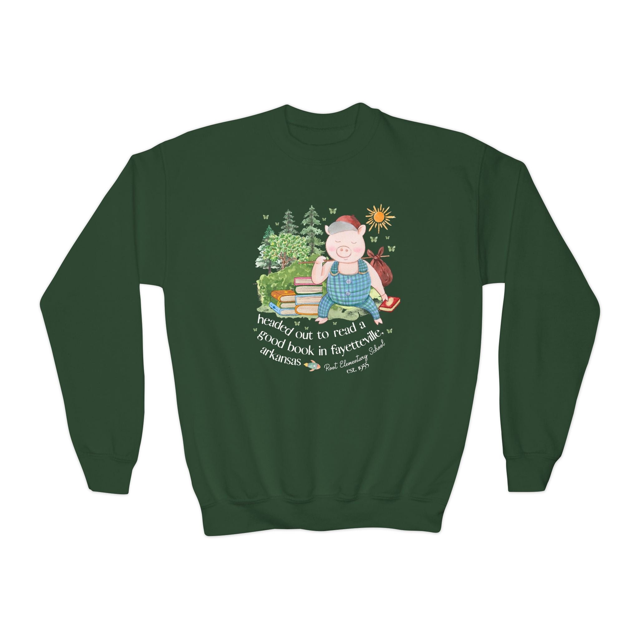 Root Elementary School Kids Sweatshirt: Headed Out to Read a Good Book | FPS + Opal and June Kids Sweatshirt, Fayetteville Public Schools - Opal and June