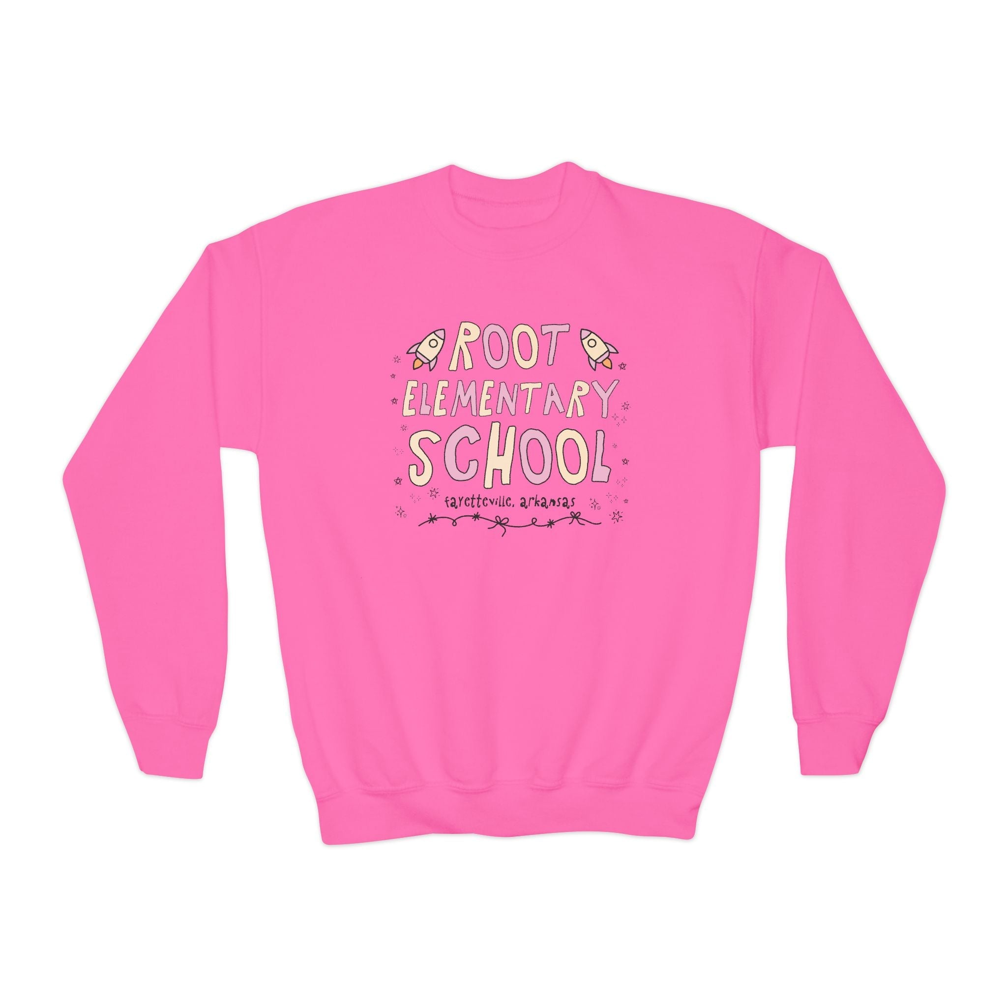 Root Elementary School Kids Sweatshirt: Pink and Beige | FPS + Opal and June Kids Sweatshirt, Fayetteville Public Schools - Opal and June