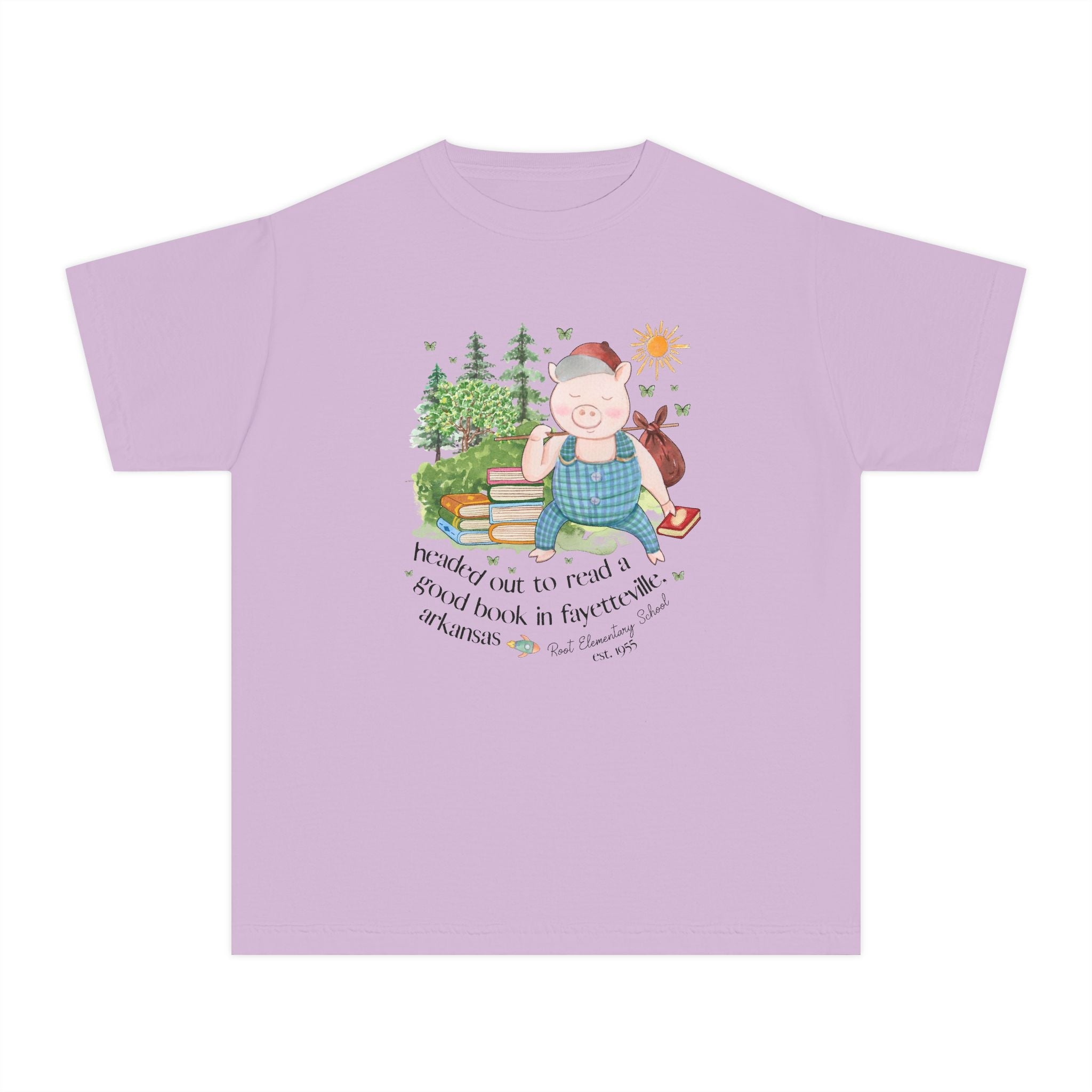 Root Elementary School Kids Tee Shirt: Headed Out to Read a Good Book | FPS + Opal and June Kids Tee Shirt, Fayetteville Public Schools - Opal and June