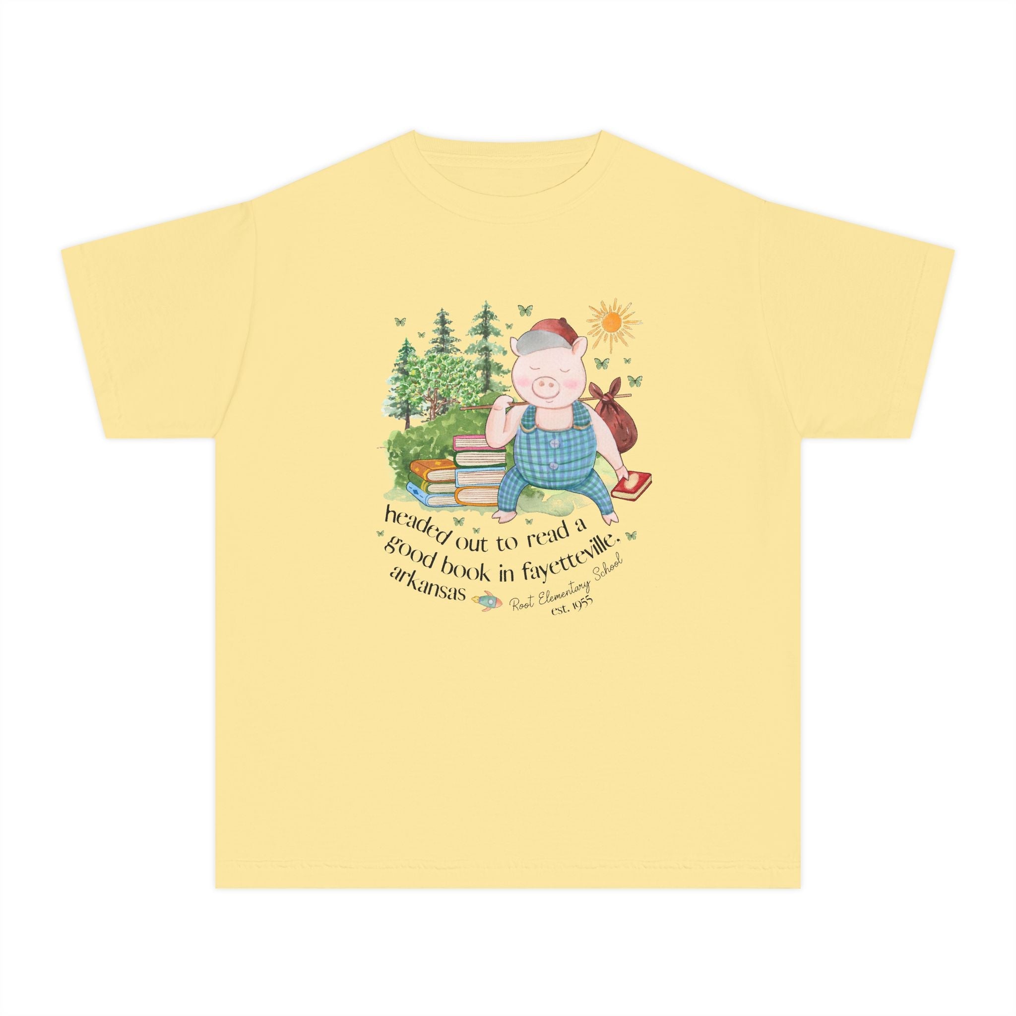 Root Elementary School Kids Tee Shirt: Headed Out to Read a Good Book | FPS + Opal and June Kids Tee Shirt, Fayetteville Public Schools - Opal and June
