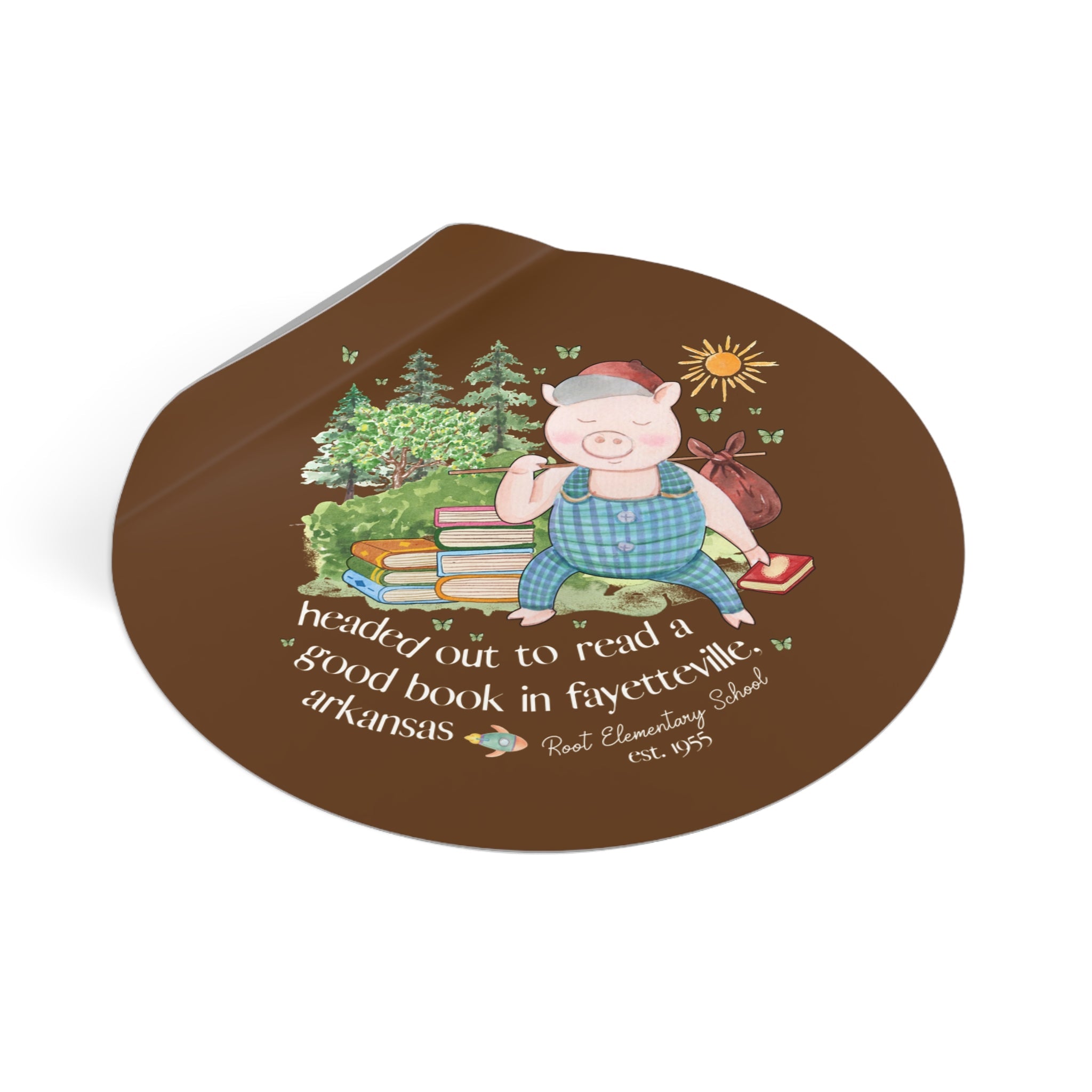 Root Elementary School Sticker: Headed Out to Read a Good Book | FPS + Opal and June Sticker, Fayetteville Public Schools - Opal and June