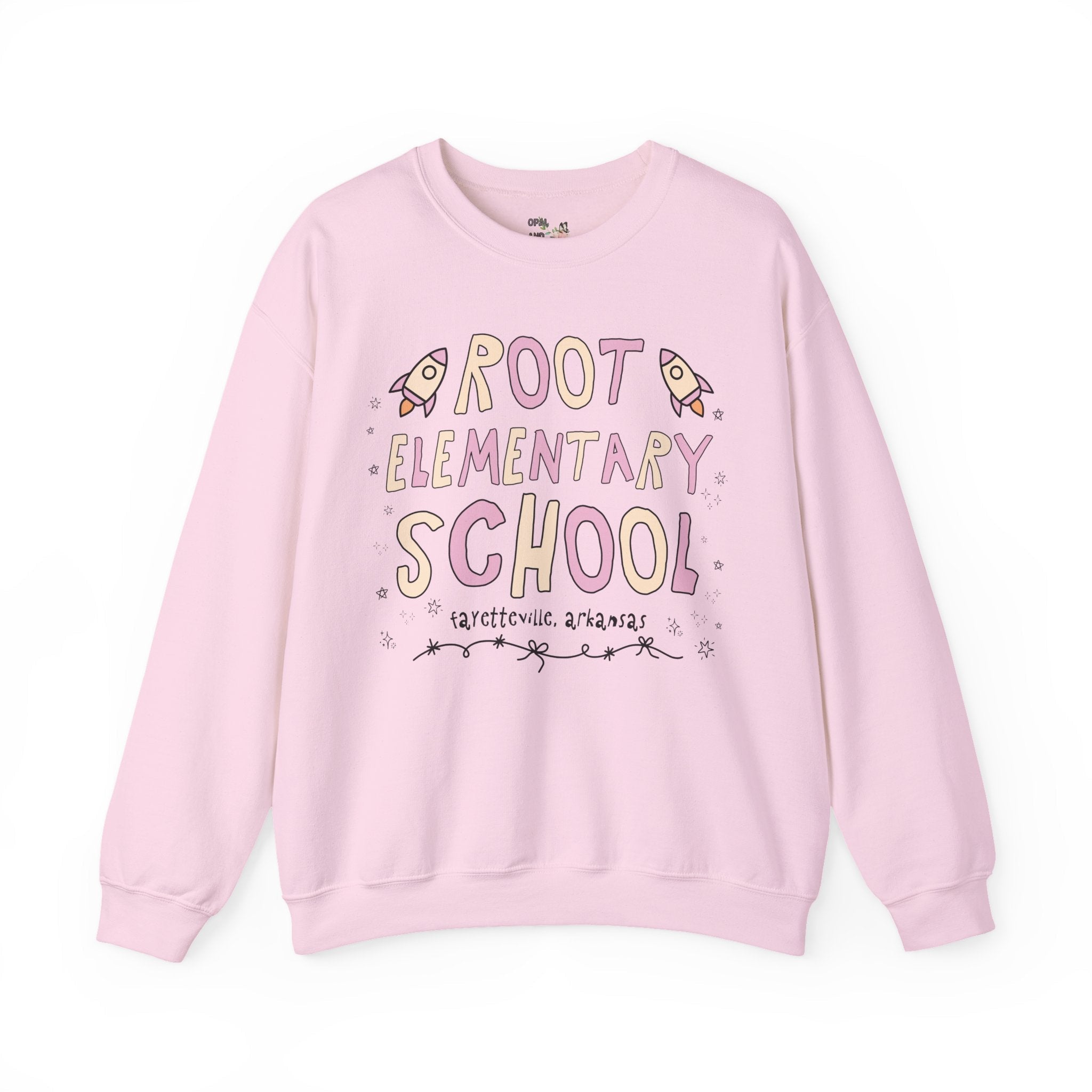 Root Elementary School Sweatshirt: Pink and Beige | FPS + Opal and June Sweatshirt, Fayetteville Public Schools - Opal and June