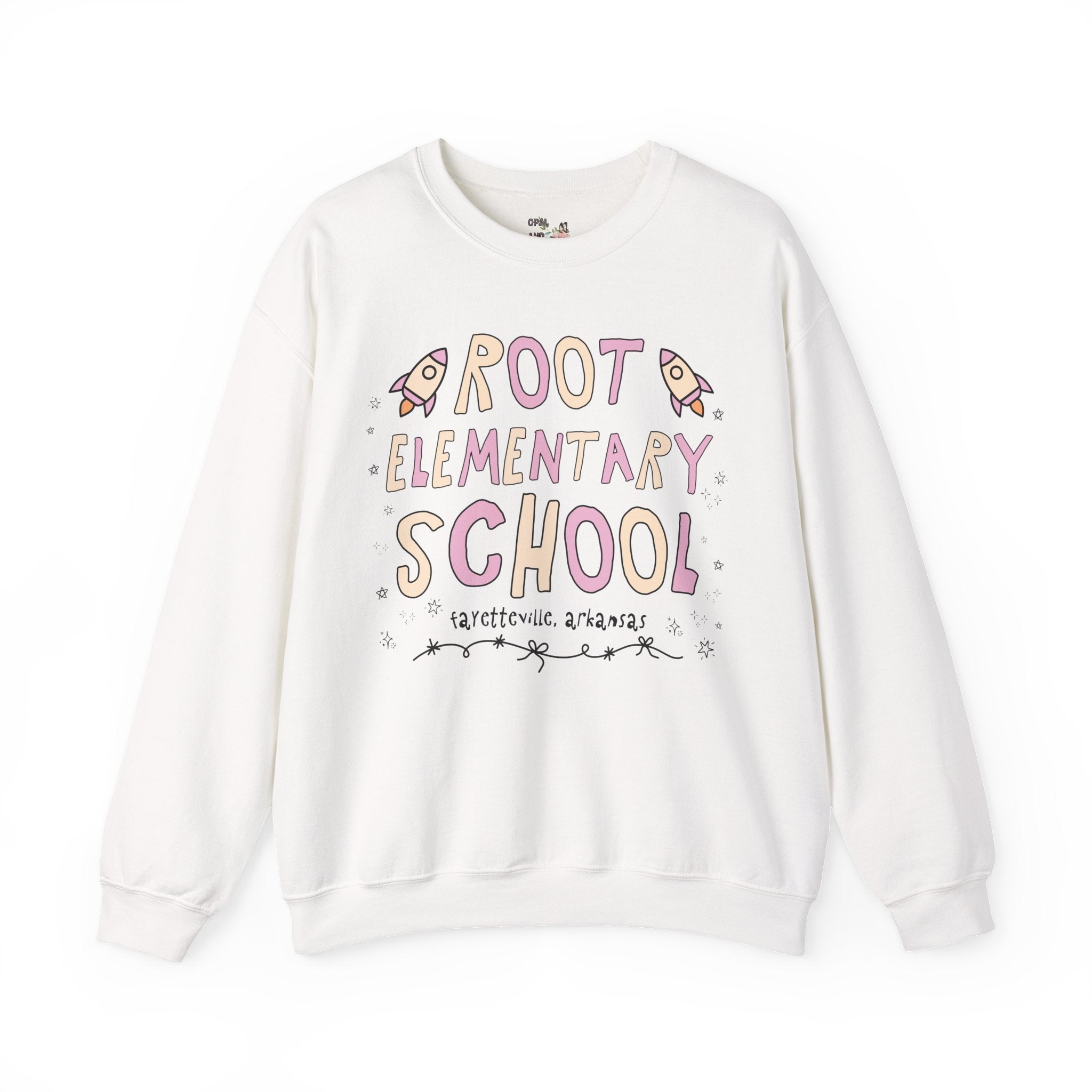 Root Elementary School Sweatshirt: Pink and Beige | FPS + Opal and June Sweatshirt, Fayetteville Public Schools - Opal and June
