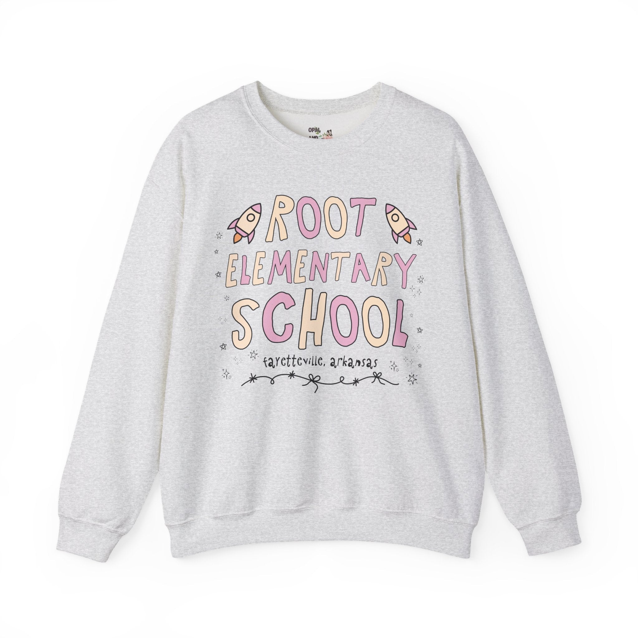 Root Elementary School Sweatshirt: Pink and Beige | FPS + Opal and June Sweatshirt, Fayetteville Public Schools - Opal and June