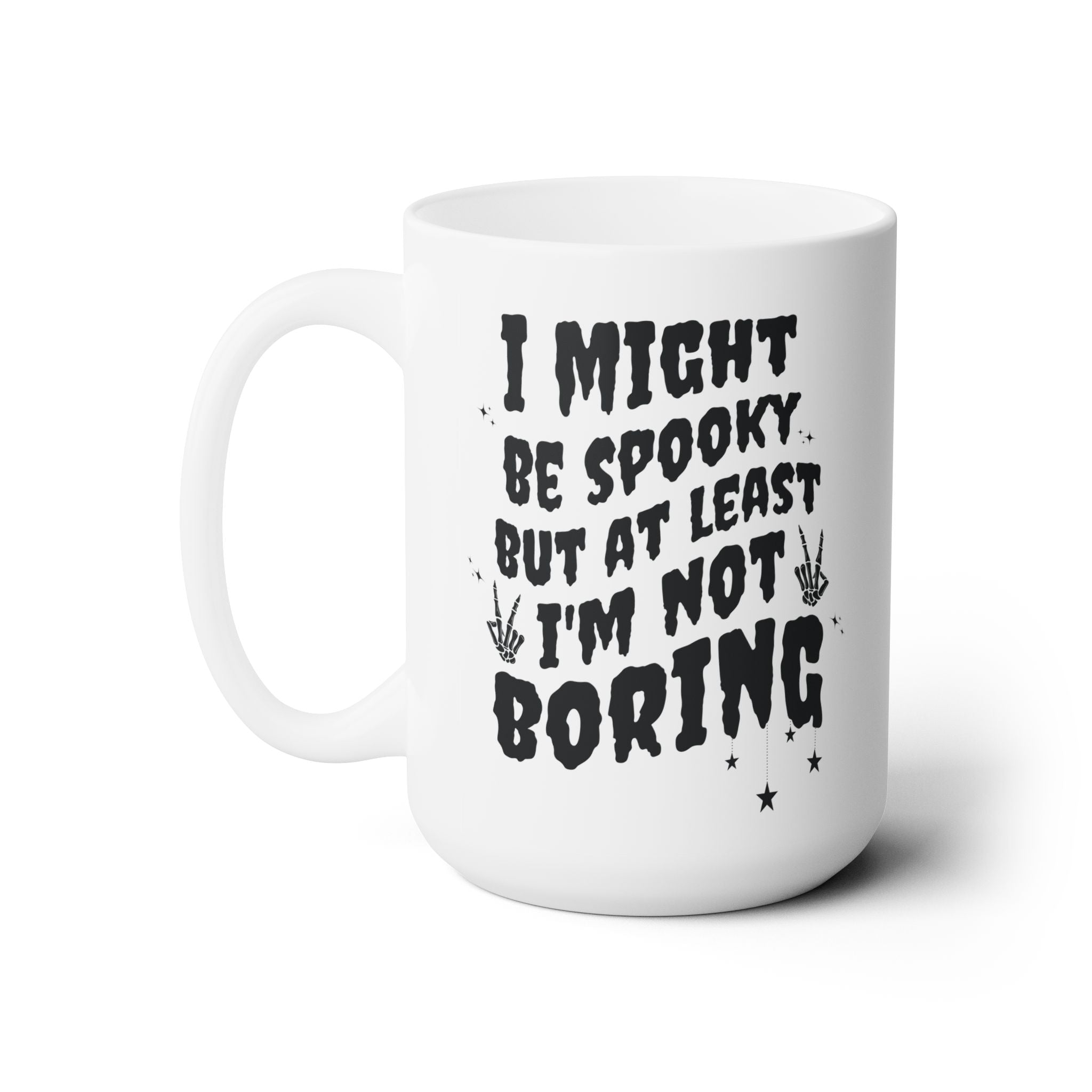 Sarcastic Halloween Coffee Mug for Spooky Season: 15 Oz Coffee Mug with Skeleton Hand and Stars, Funny Boho Celestial Haunted Mug for Her - Opal and June