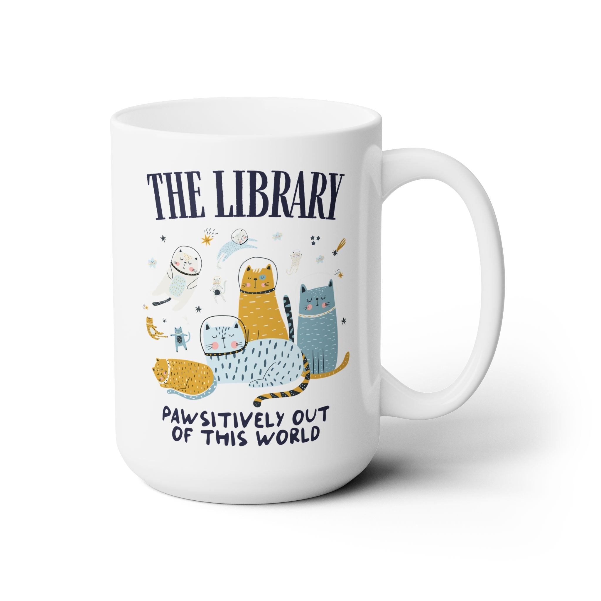 School Librarian Space Cat 15 Oz Coffee Mug with Astronaut Kittens and Stars: Pawsitively Out of This World Teacher Team or School Office Staff Mug for Cat Lover - Opal and June