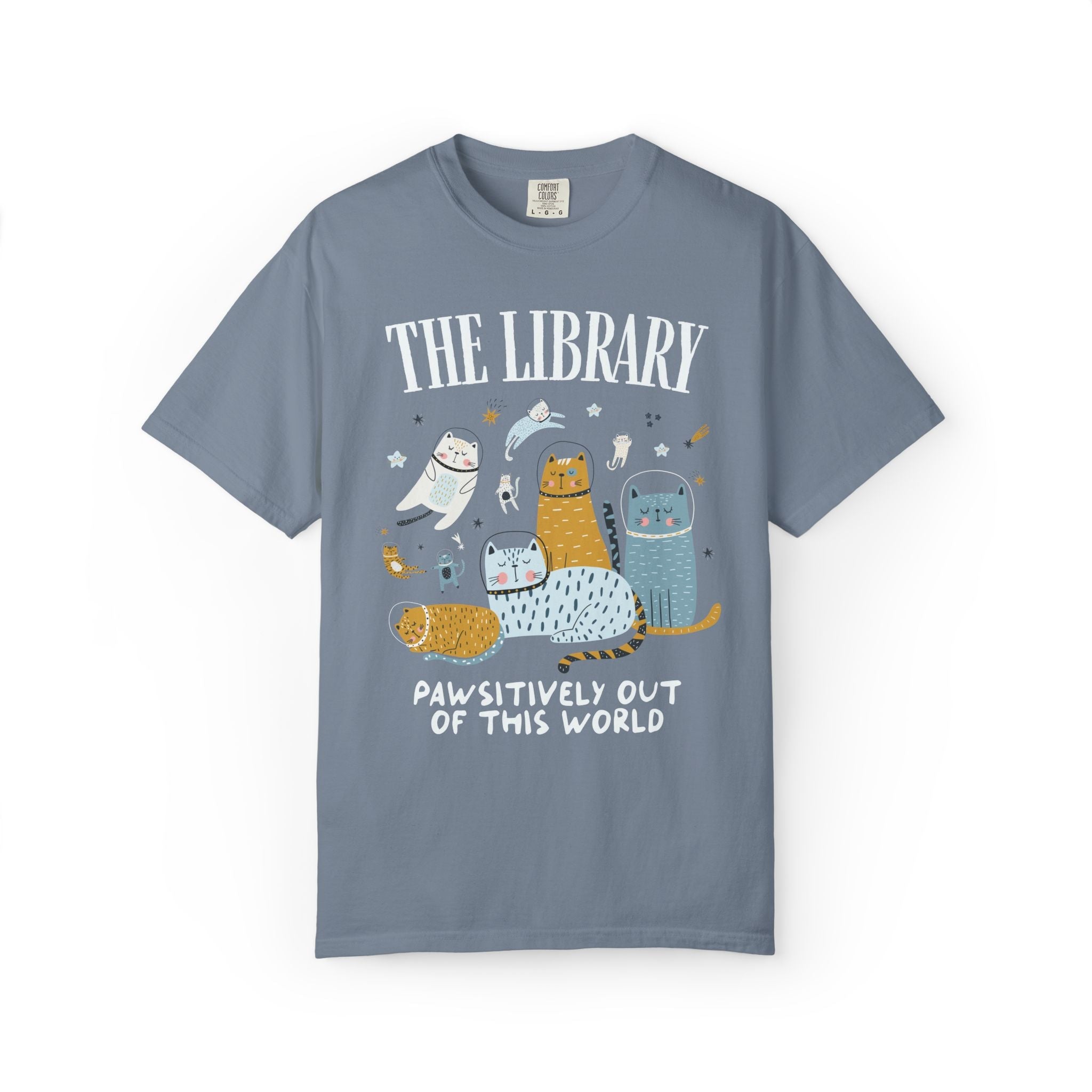 School Librarian Space Cat Tee Shirt with Astronaut Kittens and Stars: Pawsitively Out of This World Teacher Team T-Shirt for Cat Lover - Opal and June
