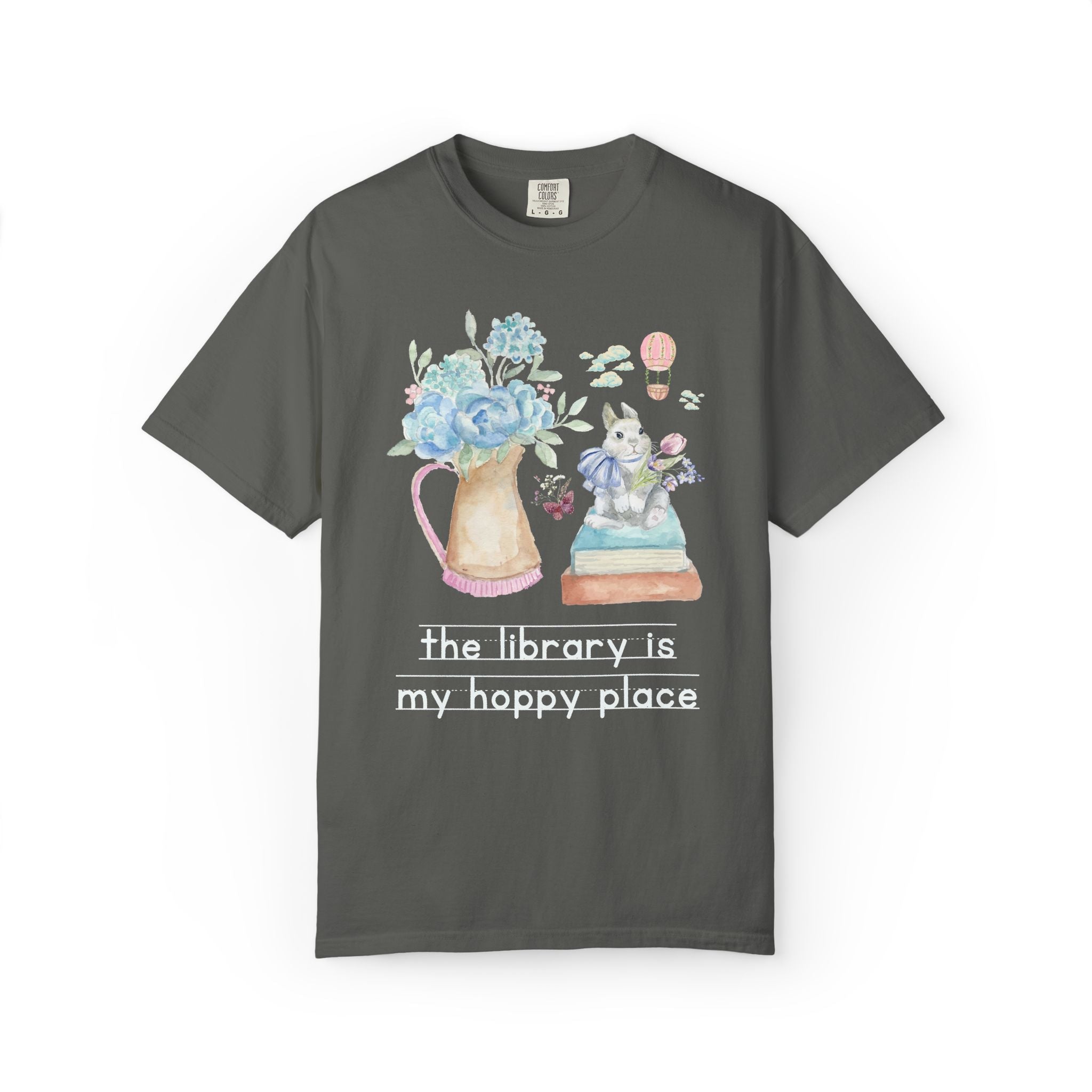 School Librarian Spring Matching Teacher T-Shirt with Cottagecore Flowers and a Bow: My Hoppy Place, Sweet Goblincore Soft Girl Style Butterfly Lover Tee - Opal and June