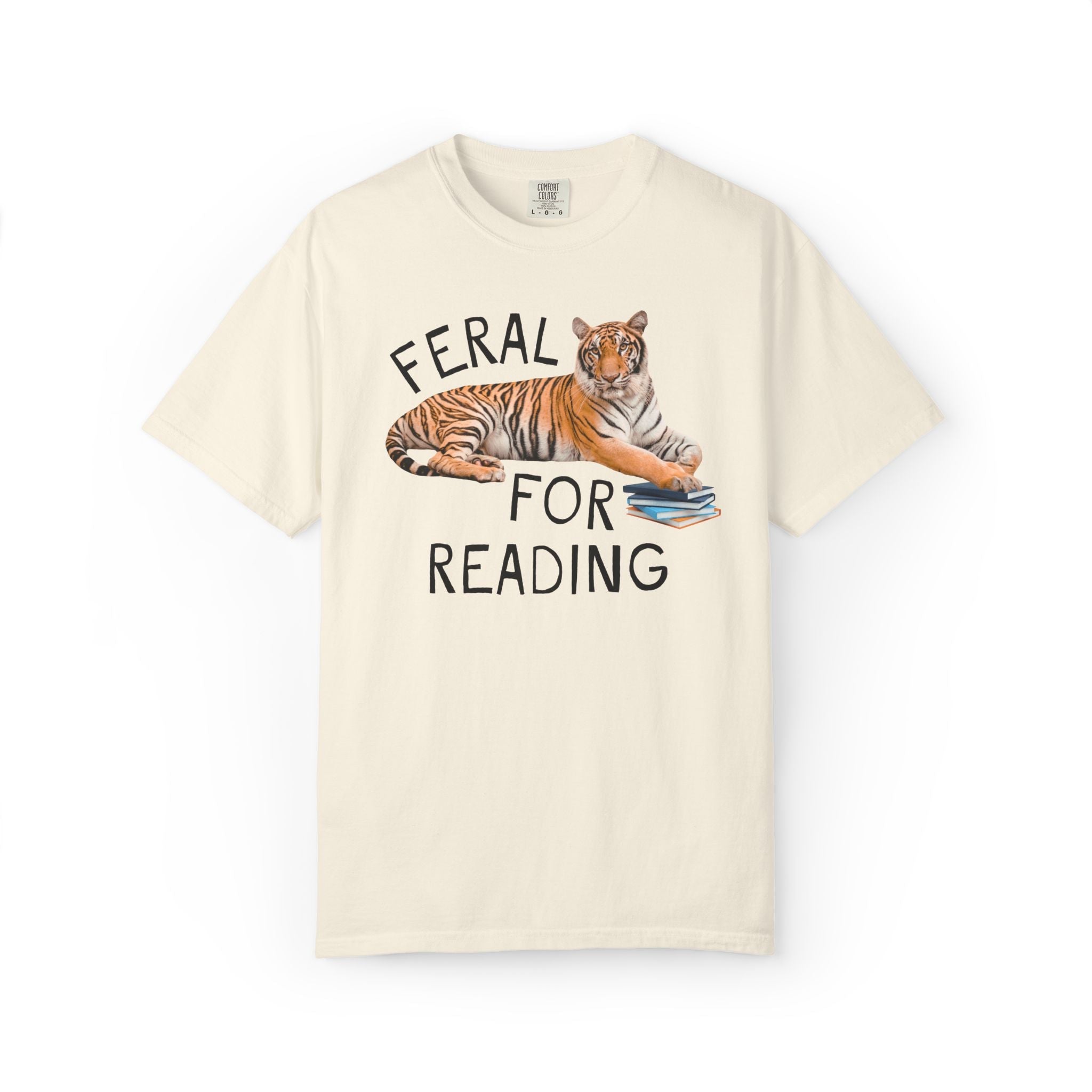 School Librarian Team Shirt: Feral for Reading, Silly Animal Lover T-Shirt with Tiger Holding Books, Matching Reading Month Teacher Tee - Opal and June