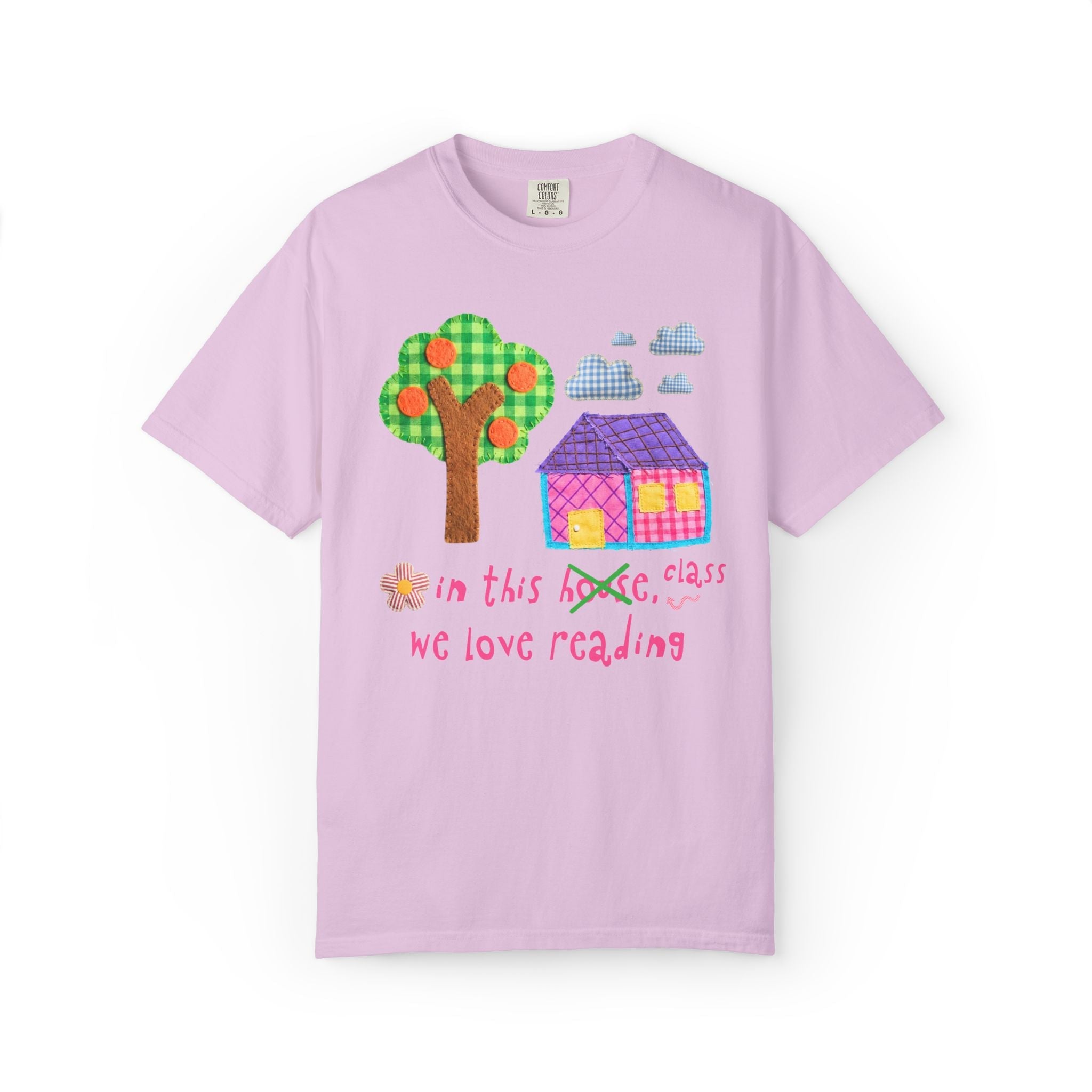 School Librarian Tee Shirt with Kitschy Kidcore Aesthetic: In This House, We Love Reading | Cute and Colorful Matching Teacher Team Shirt - Opal and June